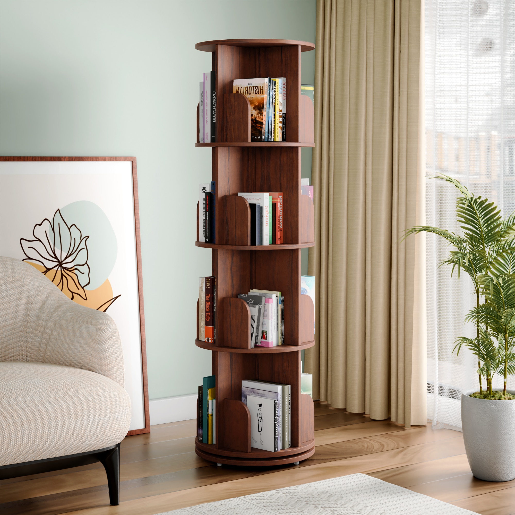 360° Rotating Bookshelf – 4 Tier Multi-Level Book Display and Storage Shelf, Brown Finish