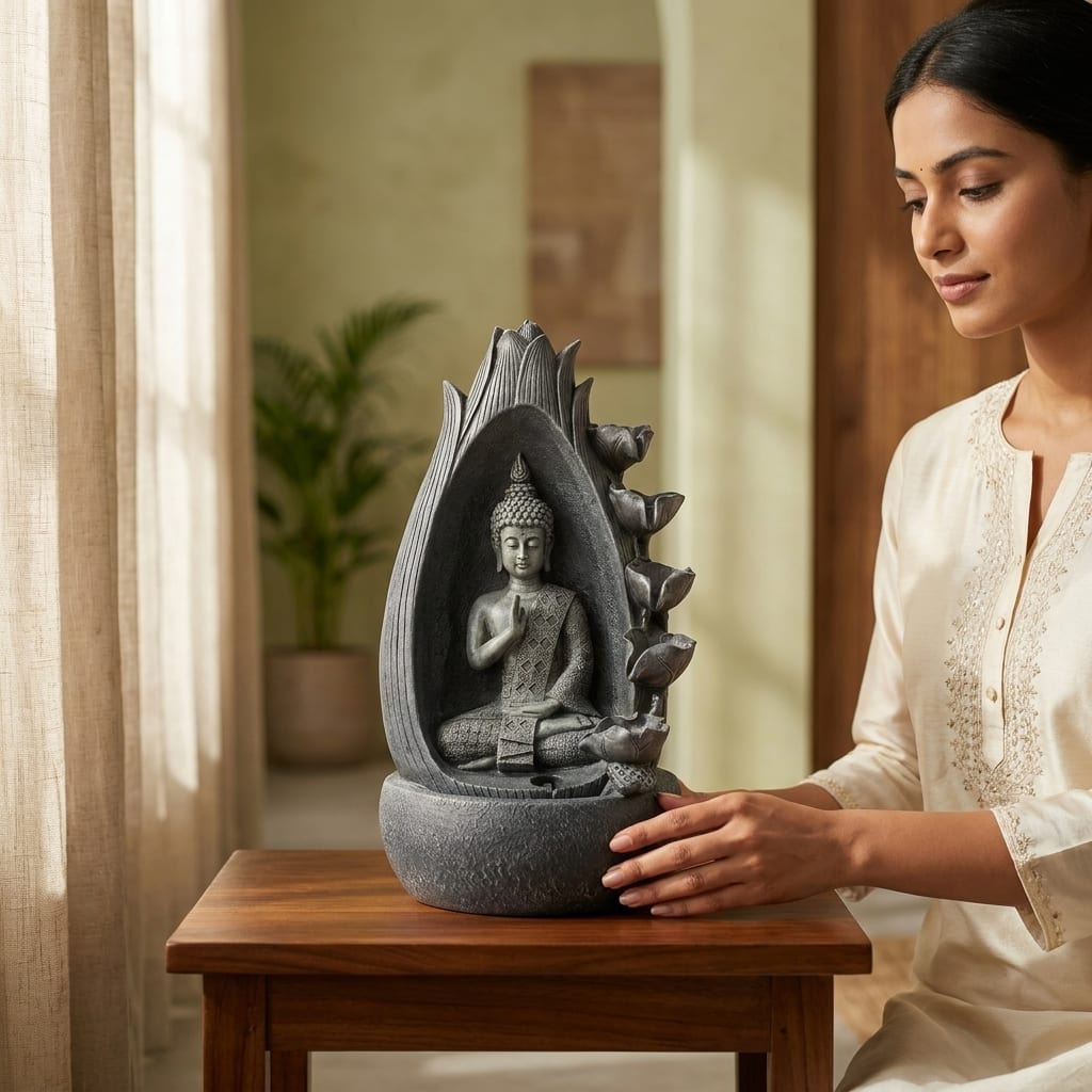Water Fountain Lotus Sanctuary Buddha Water Fountain in Dark Grey Colour - Vedas