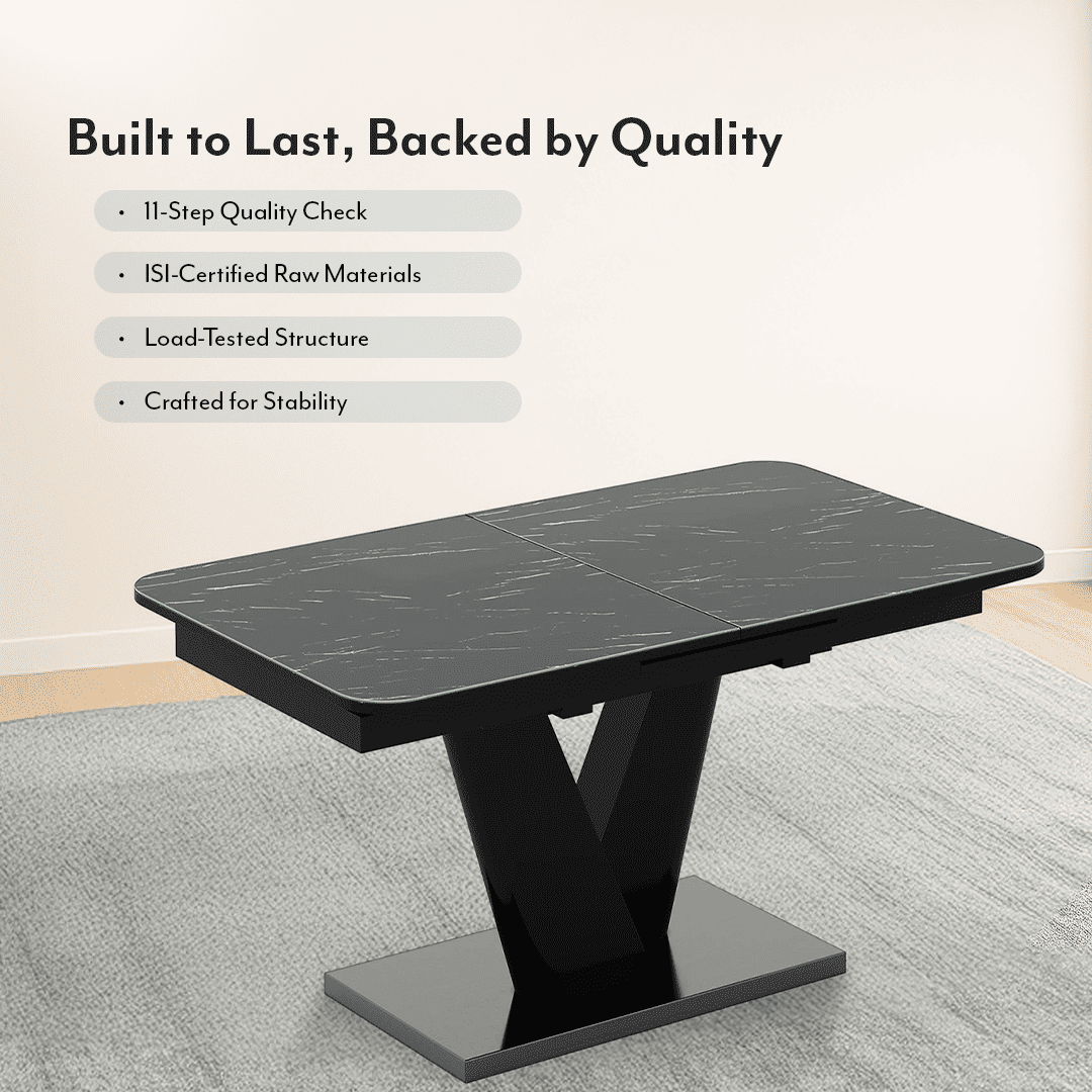 Caribu 6 To 8 Extendable Dining Table In Black Marble Color With High Gloss Finish