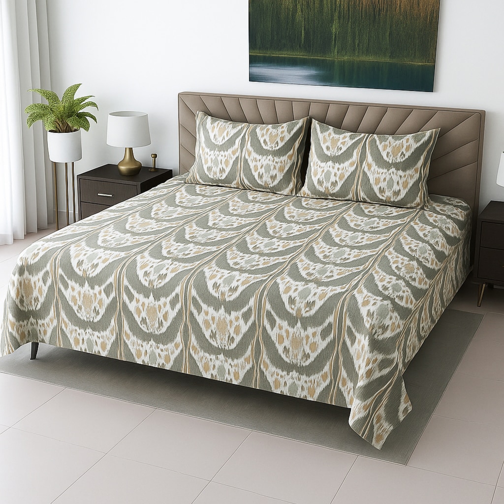 Cream & Green Color Floral 400 TC Cotton Flat Super King Bed Size Bedsheet With 2 Pilllow Covers  Threads