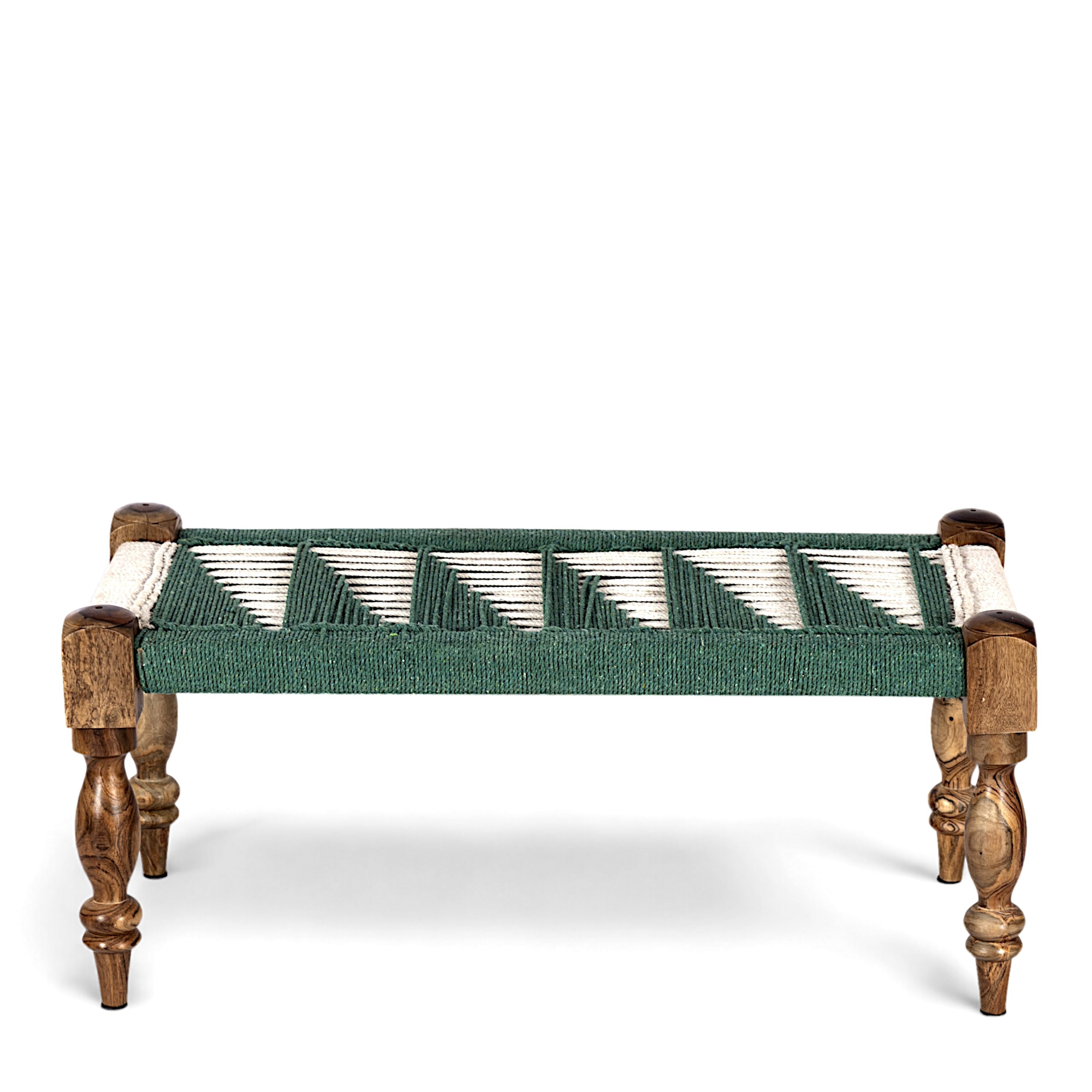 Oakville Sheesham Wood 2 Seater Maachi Bench In Green & White Rope Canning