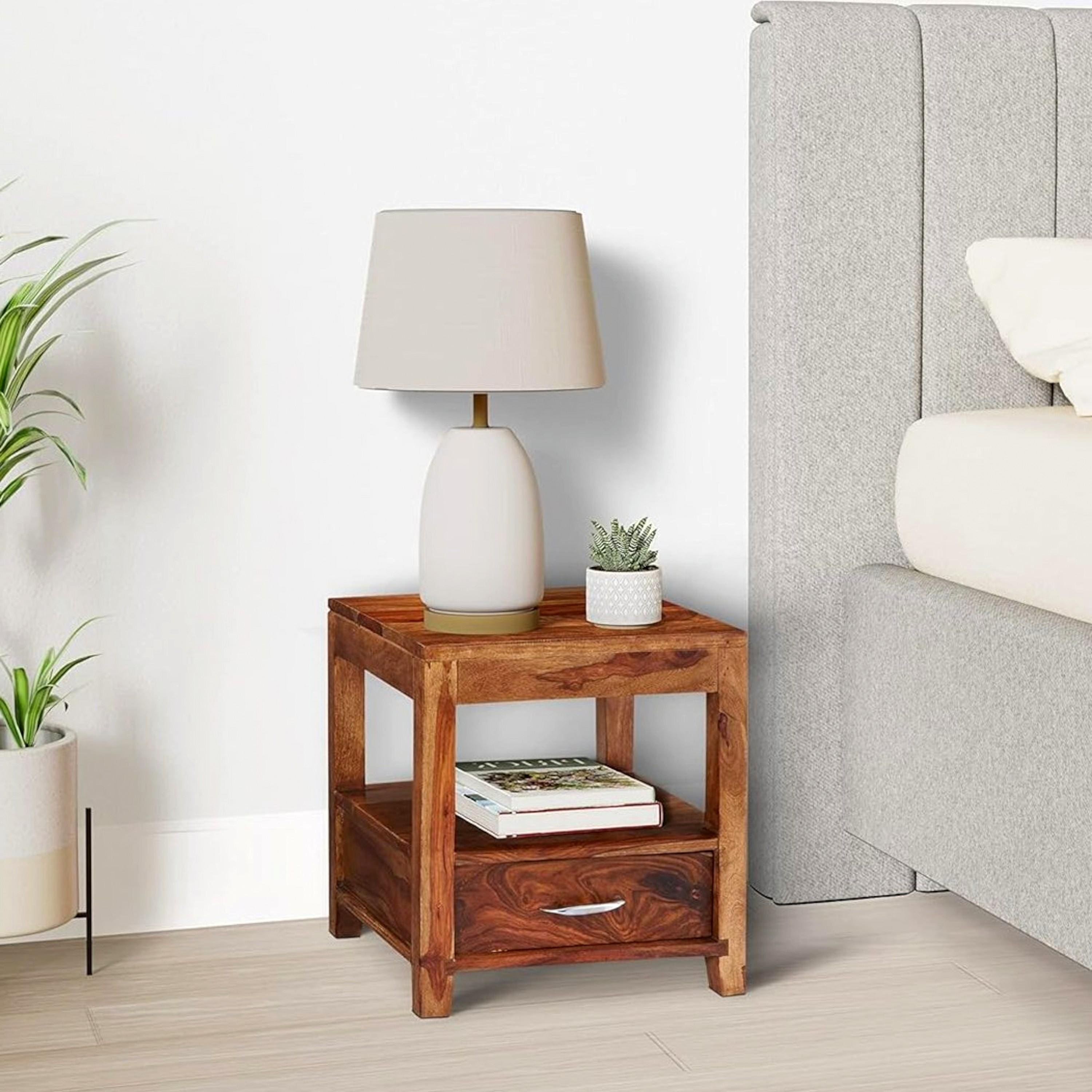 Kassel Sheesham Wood Contemporary Bedside Table End Table In Natural Teak Finish