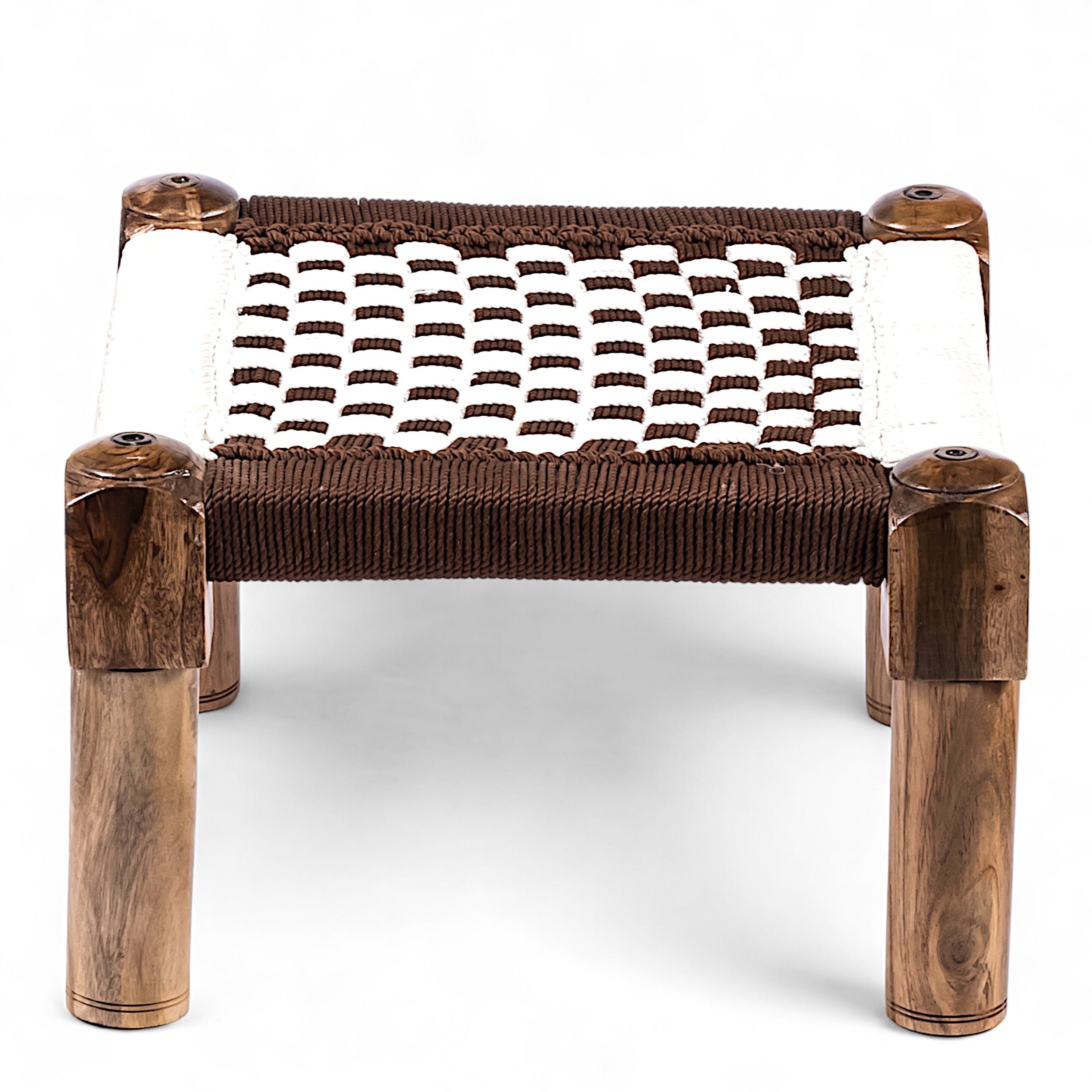Riaza Solid Wood Maachi Foot Stool in Brown & White Check Canning
