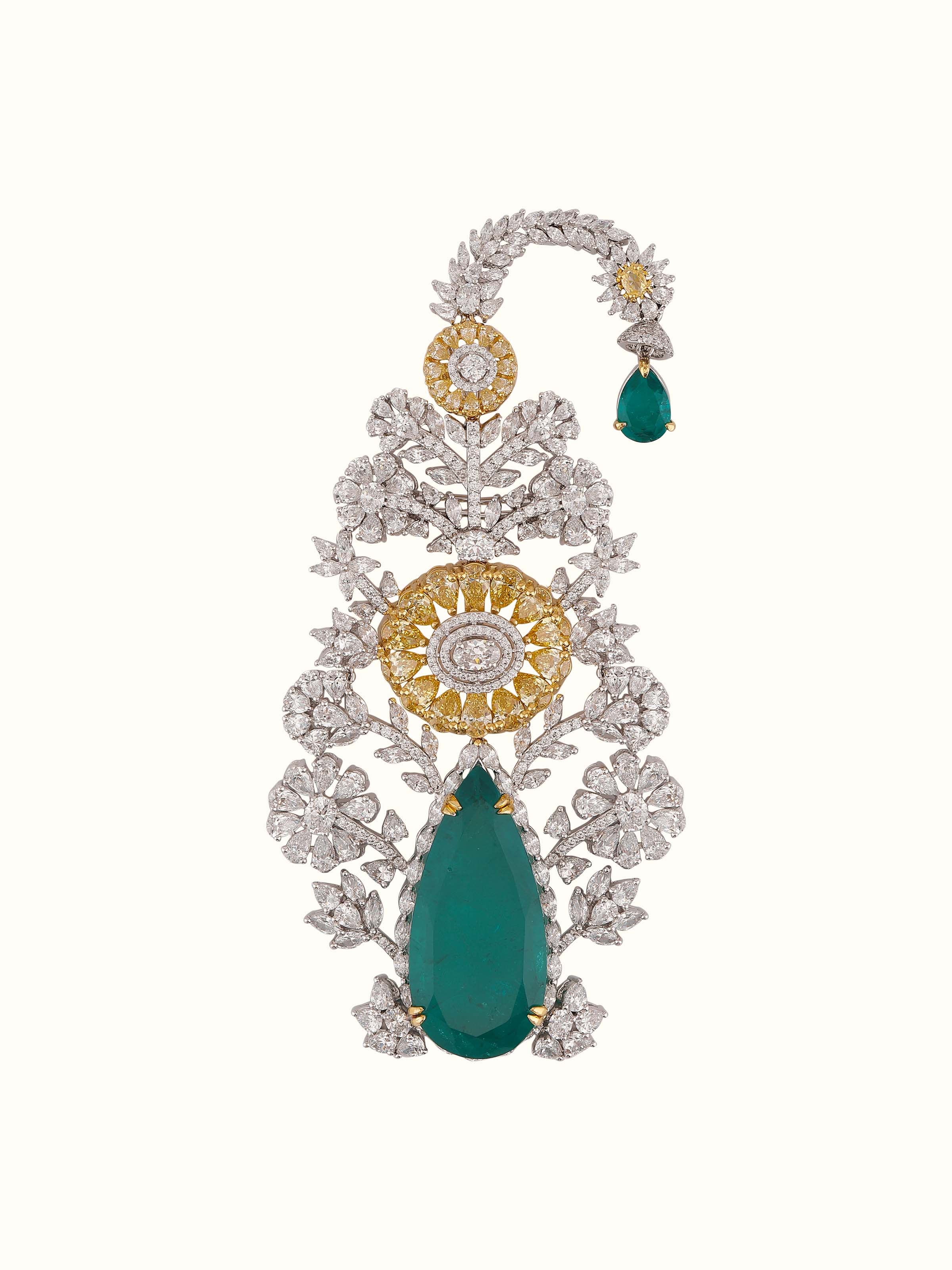 front view of silver smithing multi colour brooch pin with intricate design