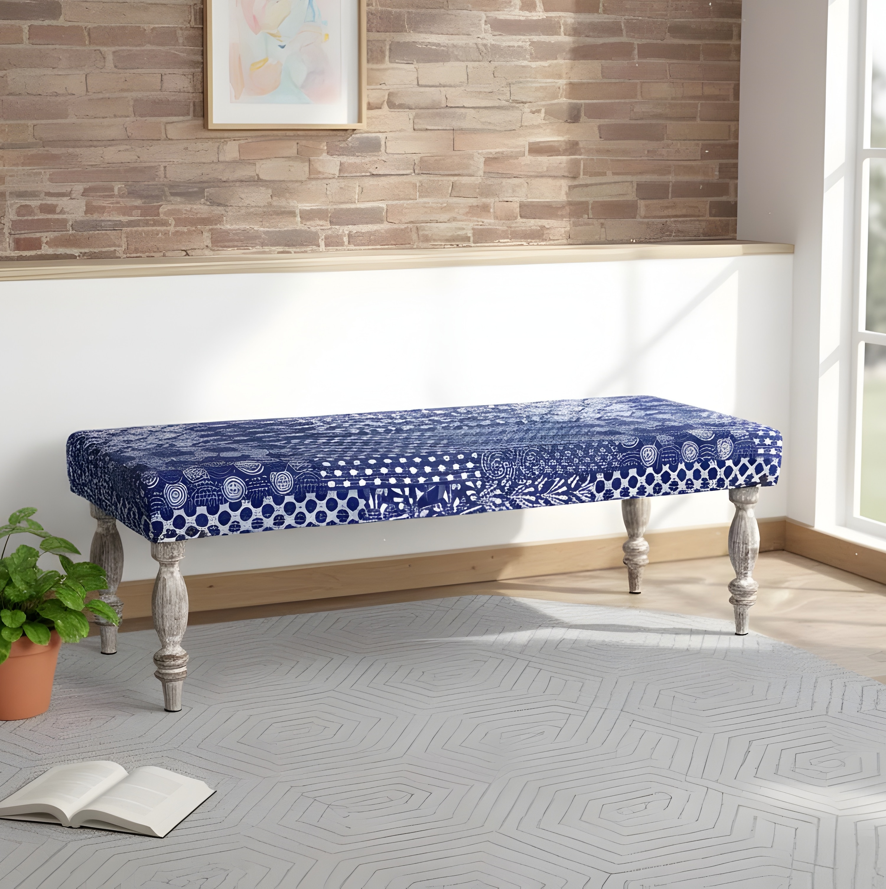 Cairo Solid Wood 2 Seater Bench In Indigo Patch Kantha Fabric