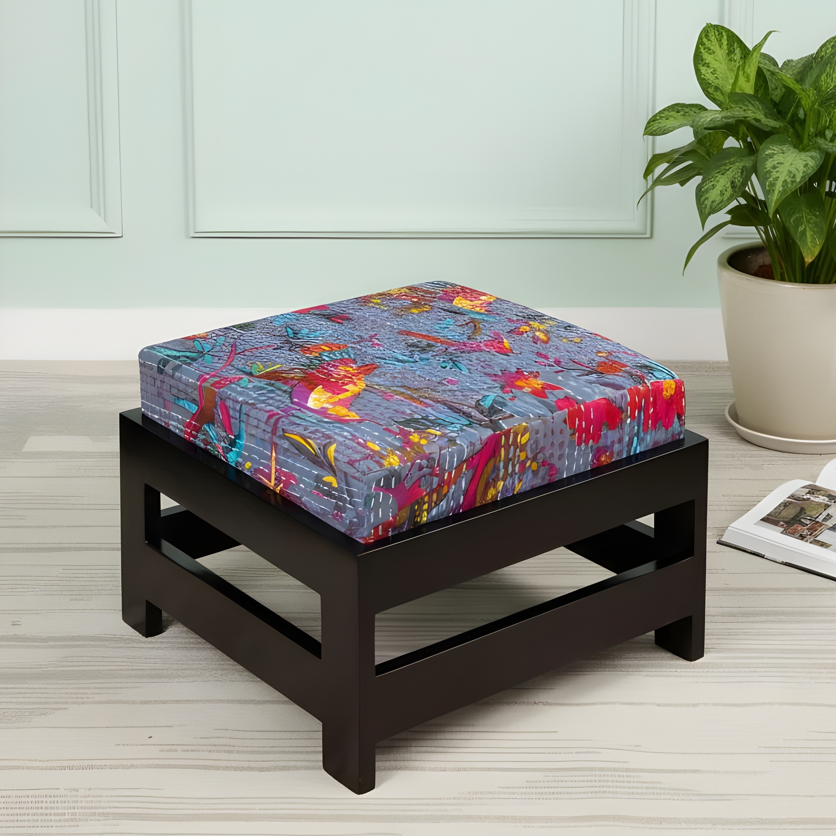 Kumkum Rosewood Foot Stool with Bird Print Grey Kantha Cushion