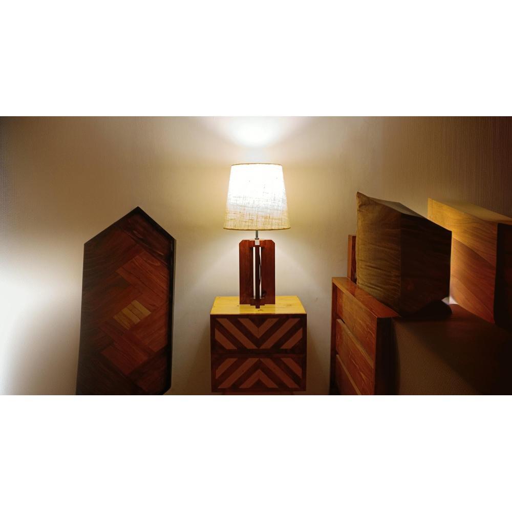 Stella Brown Wooden Table Lamp with White Fabric Lampshade
