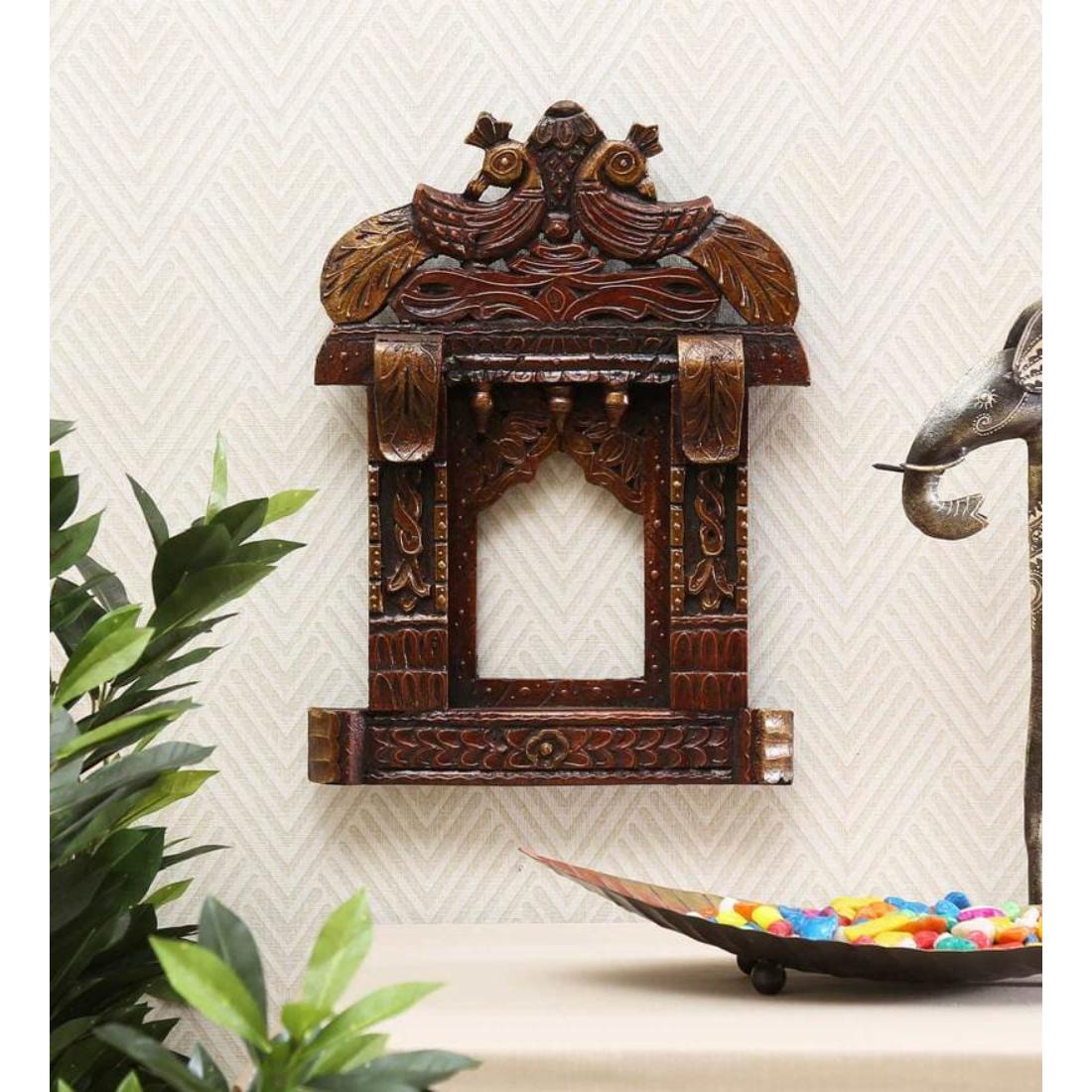 Desert Art Wooden Handpainted Peacock Jharokha Wall Hanging in Copper Colour-image-16