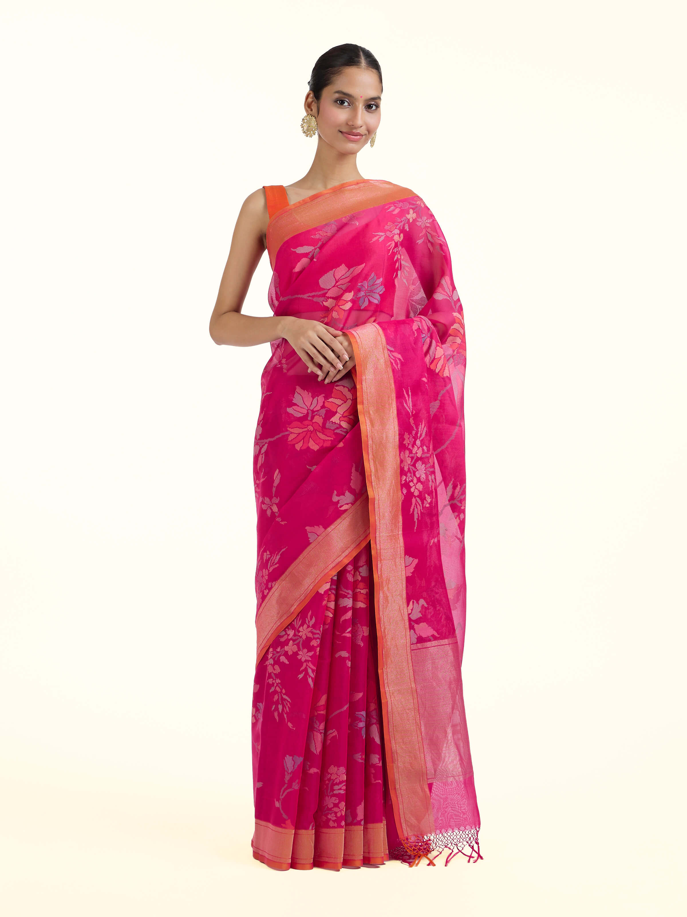 Front view of pink cotton Awadh Jamdani saree with delicate woven motifs