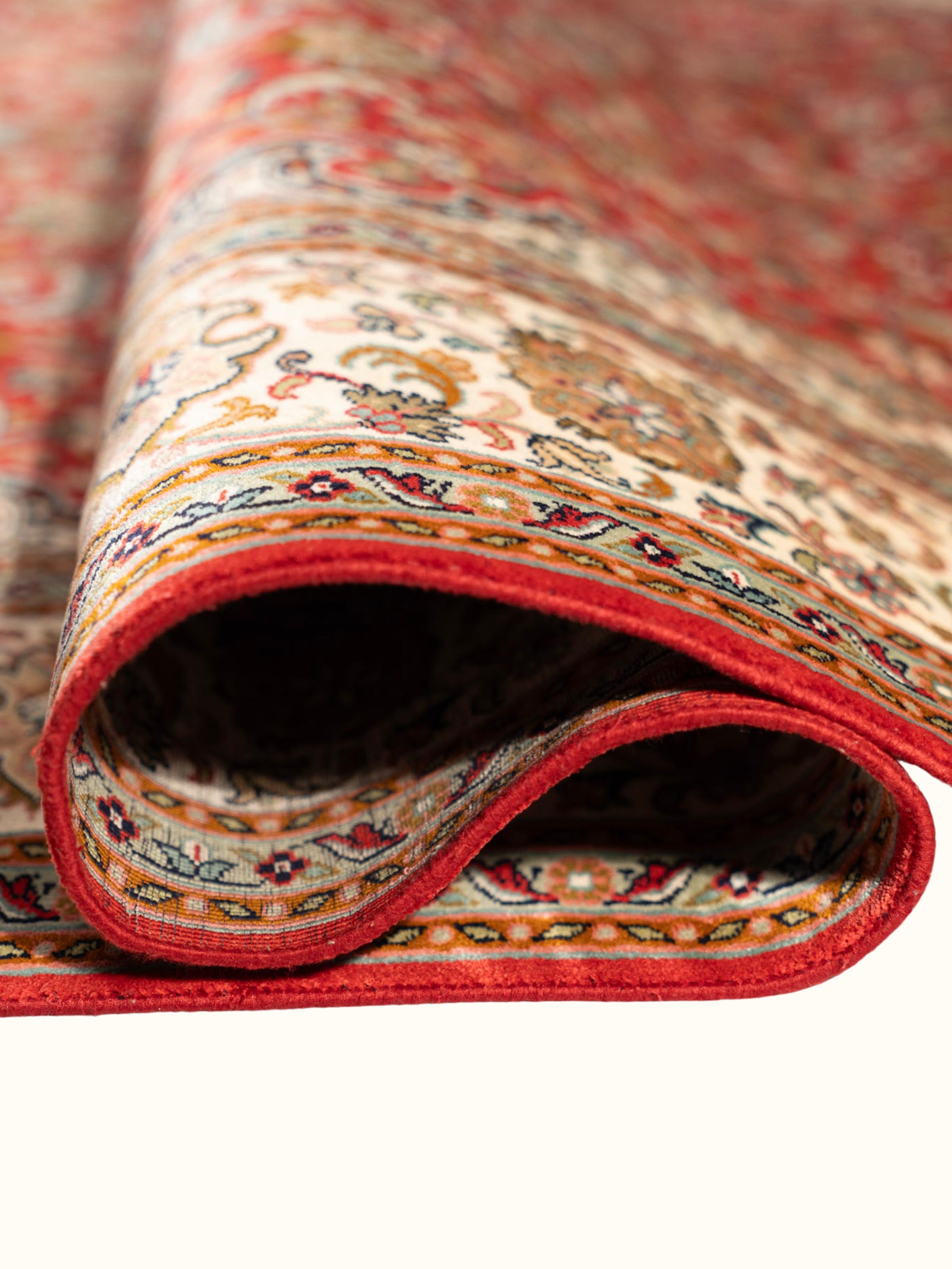 Traditional Kashan Red Kashmir Silk Hand-Knotted Carpet