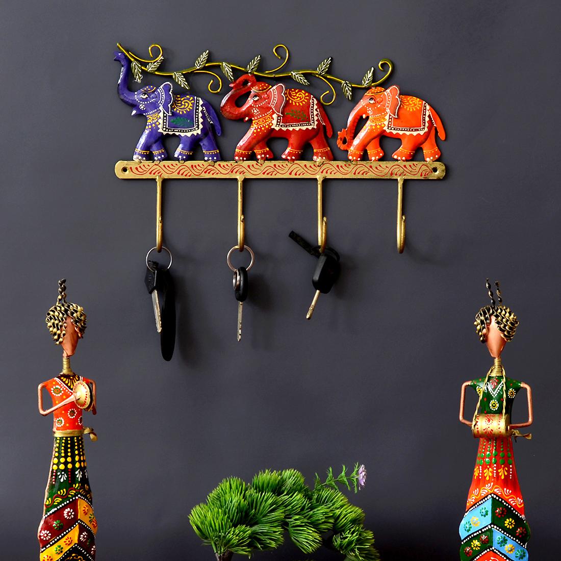 Metal Handpainted Red Elephant Key Holder with 4 Hooks-picture-18