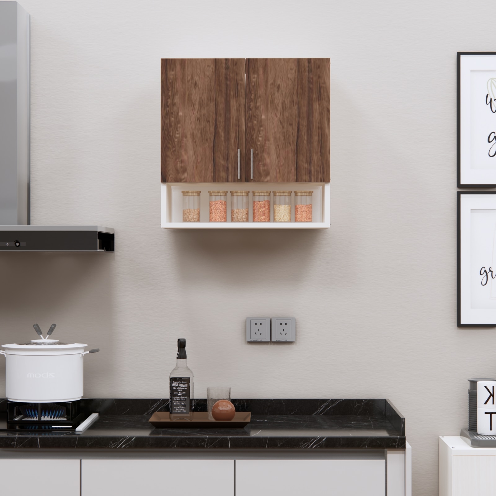 2 Doors Modular Wall Mounted Kitchen Cabinet With Organizer Shelf In Cochwood Brown Finish - Speciality Panels