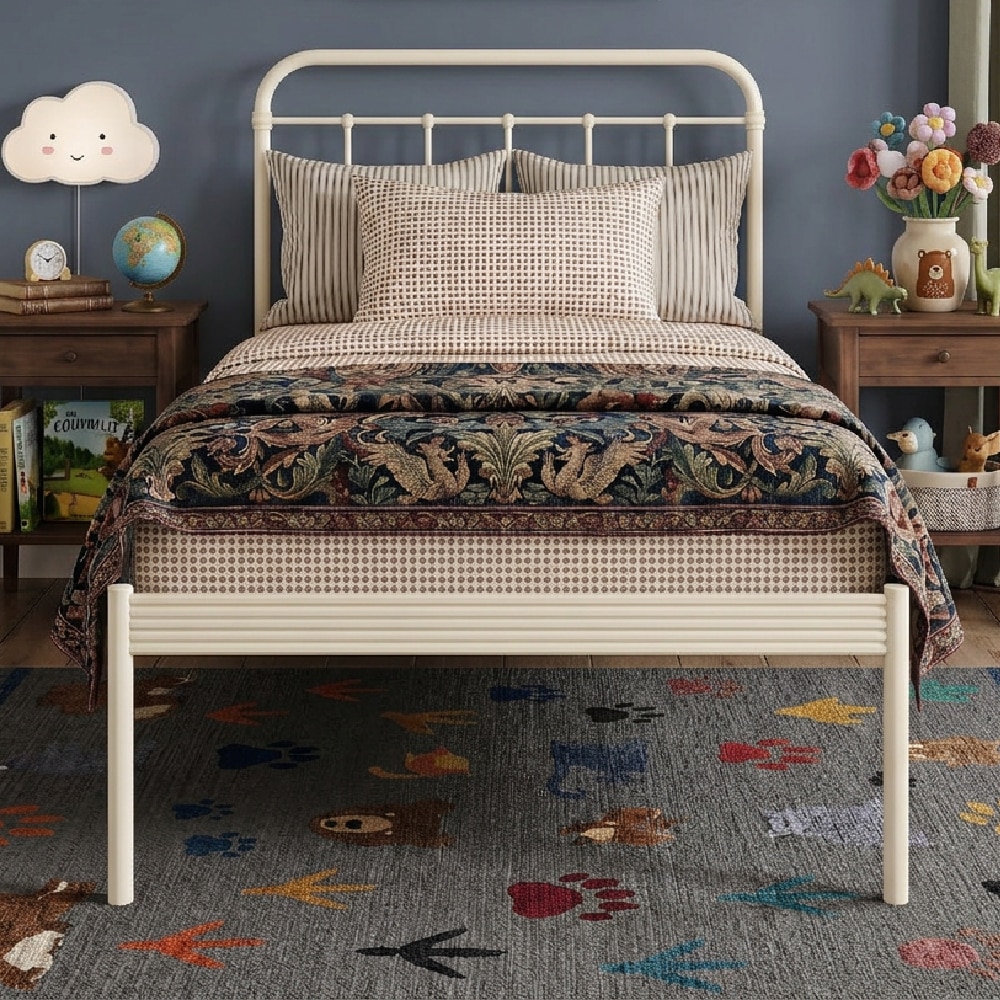 Hampton Metal Non Storage Single Bed in Glossy Ivory Finish