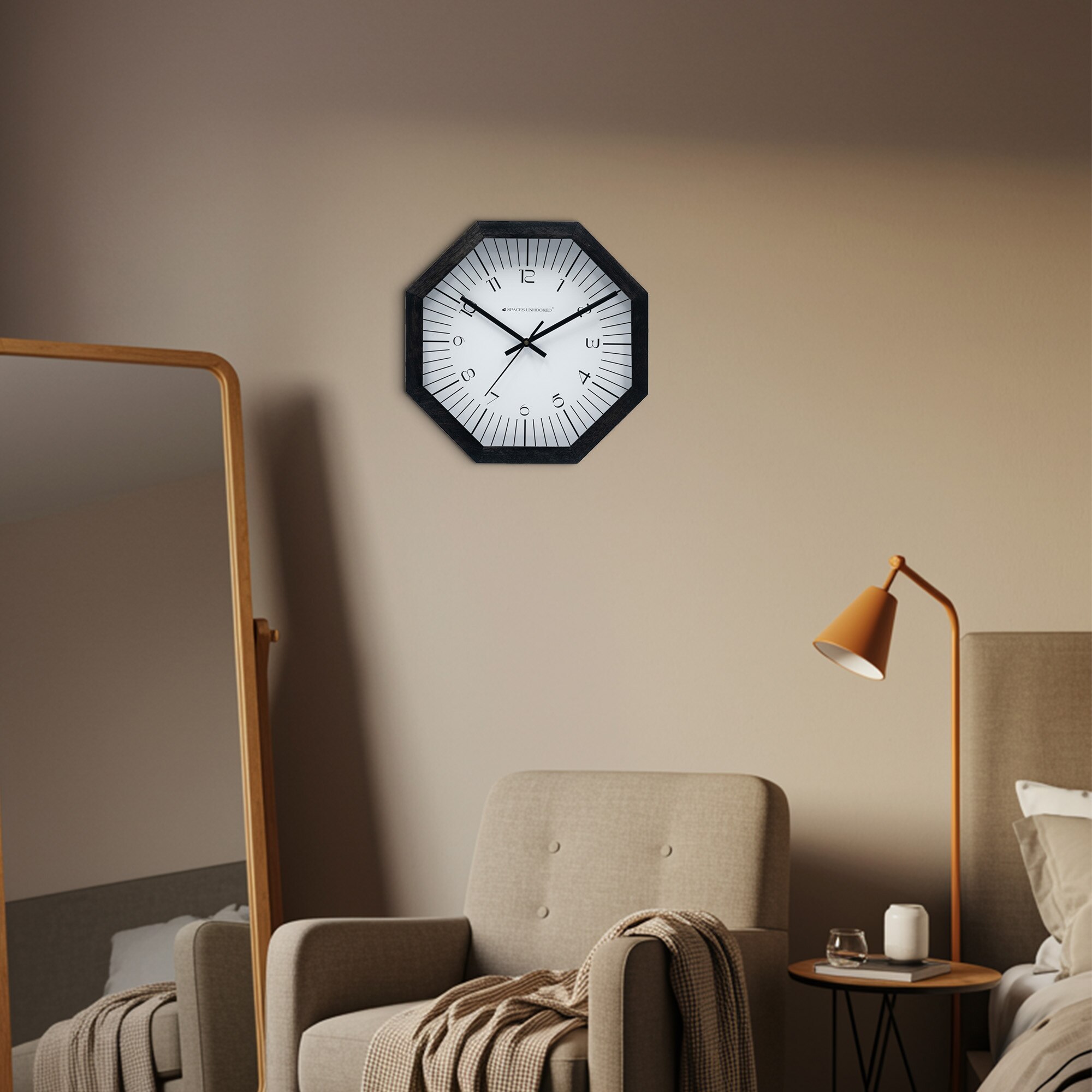 Elegant Black Octagonal Wooden Wall Clock with Sharp Minimal Indices