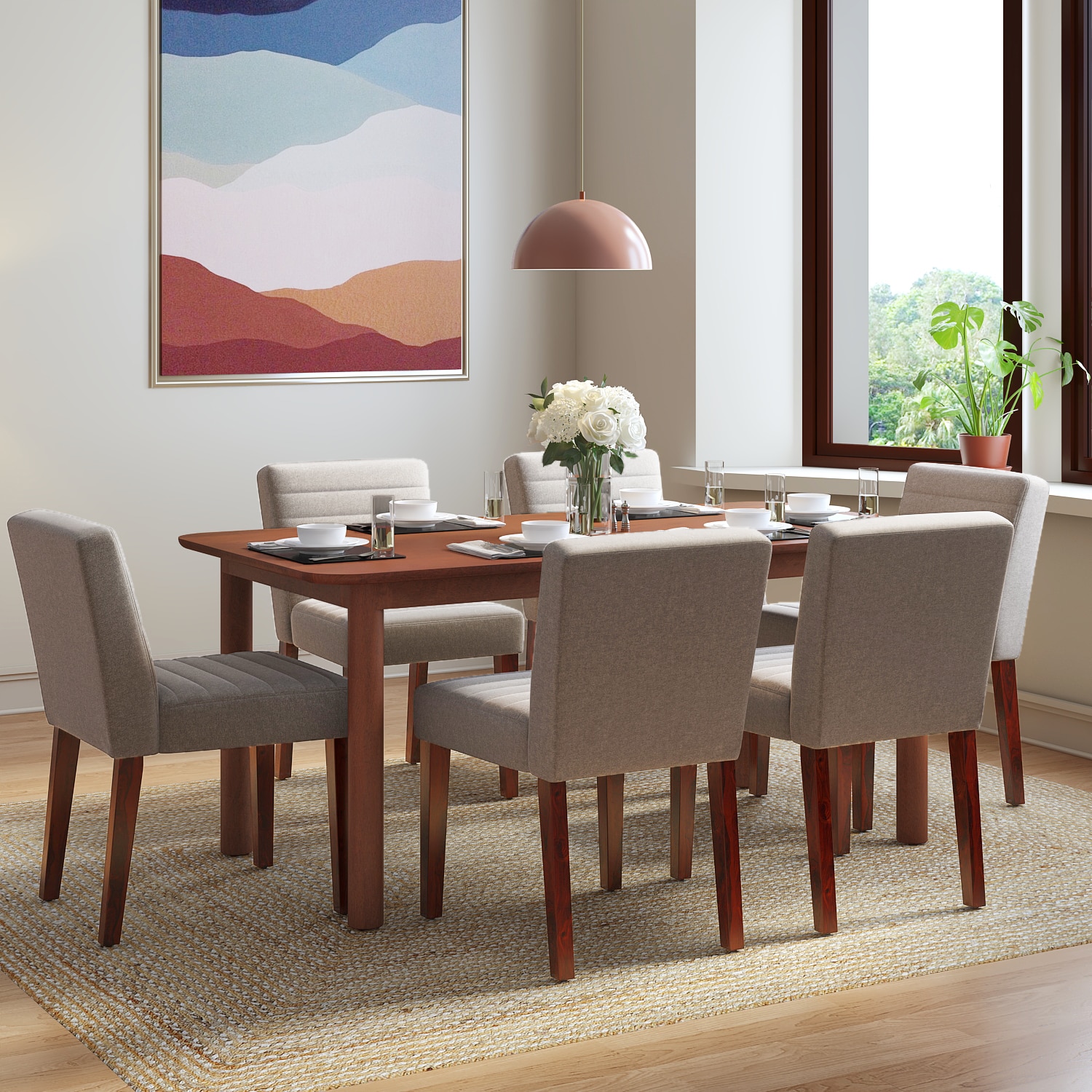 Dane Solid Wood Dining Table 6 Seater with 6 Ludo Upholstered Dining Chairs (Finish: Honey, Colour: Shitake Beige) - Urban Ladder