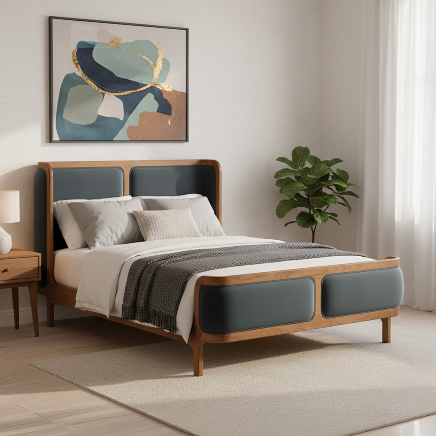 Valerio Duo-Panel Luxe King Size Bed in Grey Blue colourVelvet with Oak wood Frame - Nestroots
