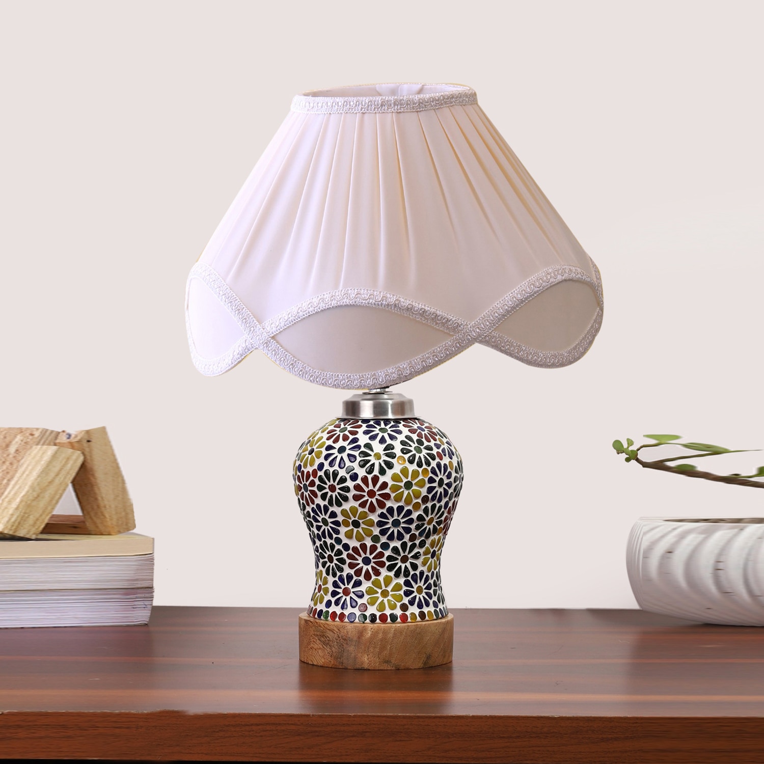 Devansh Off-White Vintage  Cotton Pleated Shade Lamp With Wood & Mosaic Glass Base For Decoration/Office/Home/Gifting/Study For Decoration/Office/Home/Gifting/Study - Devansh