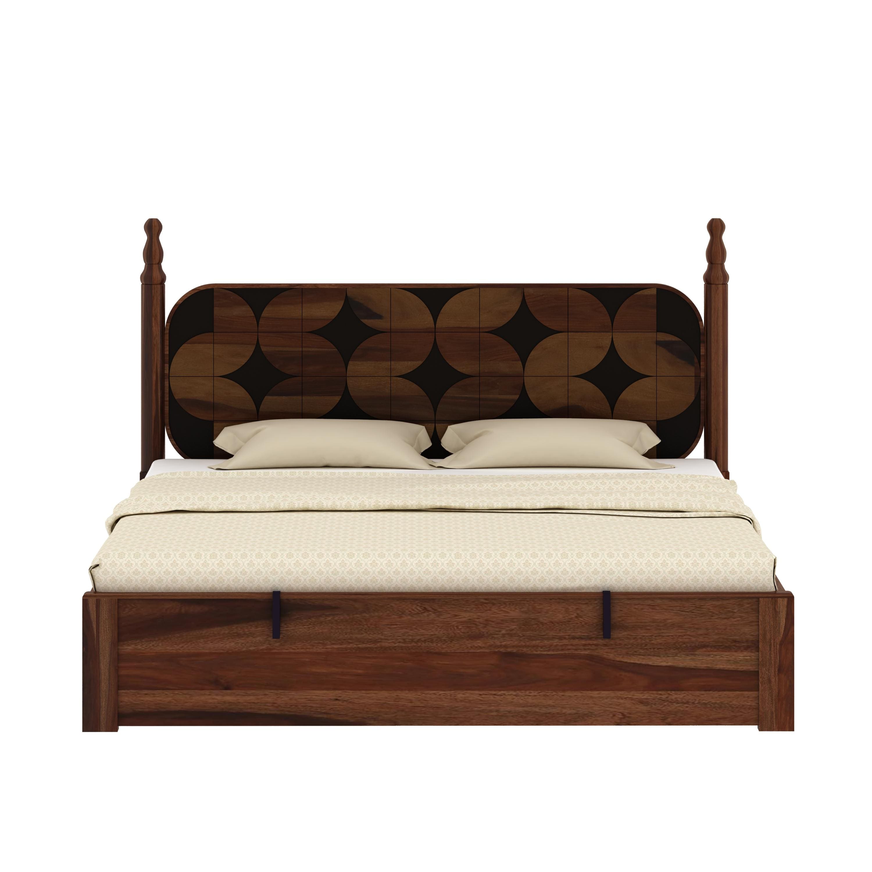 Rustic Sheesham Wood Queen Size Bed With Hydraulic Storage In Provincial Teak Finish