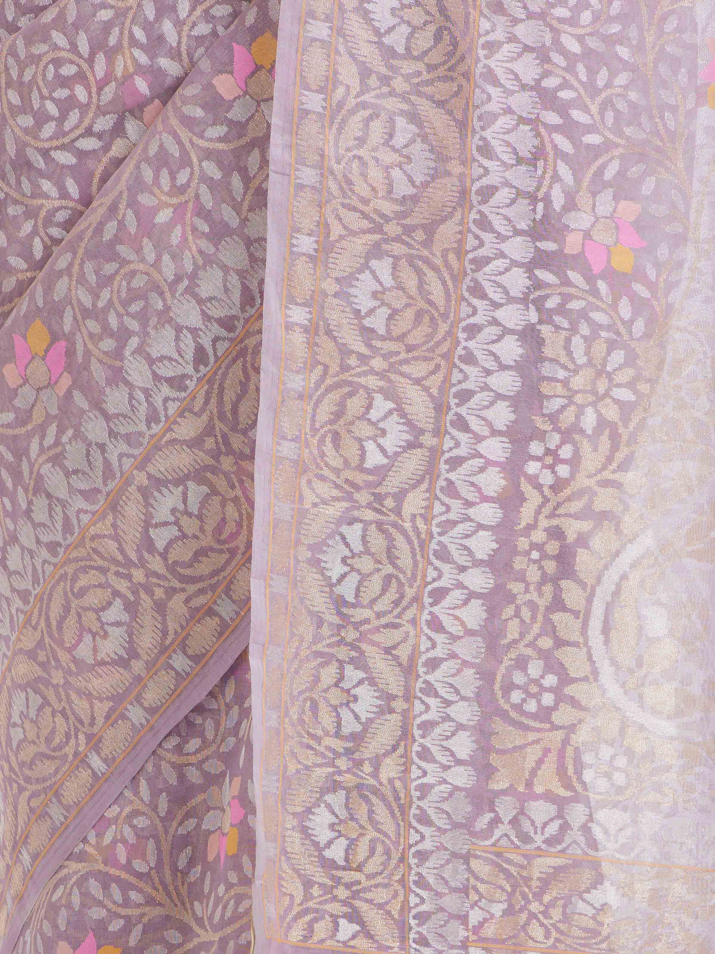Detail view of purple cotton Awadh Jamdani Banarasi saree showing fine weaving