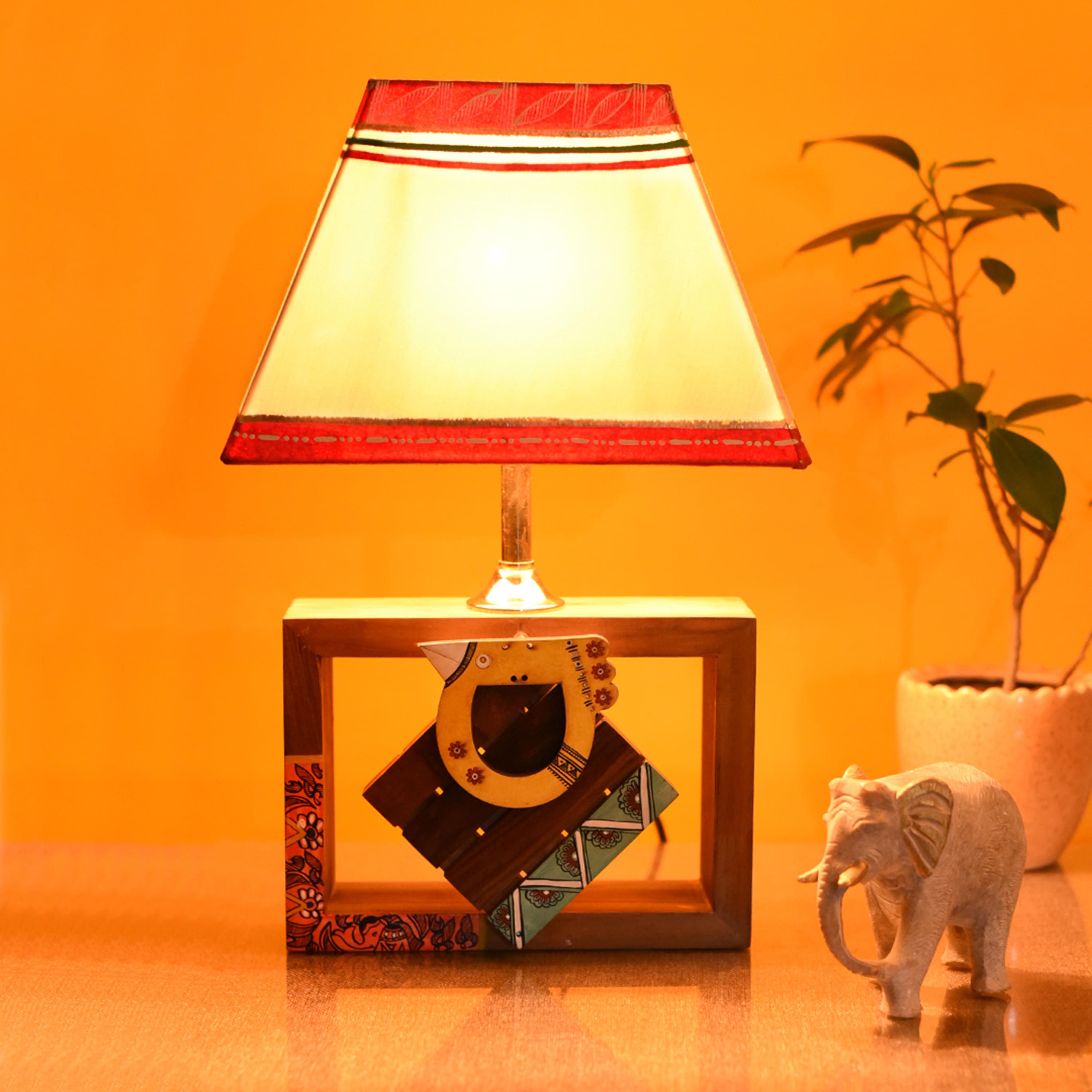 Table Lamp Handcrafted Wooden Tribal Art Bird SQ White 10"Shade (8x4x10.7)