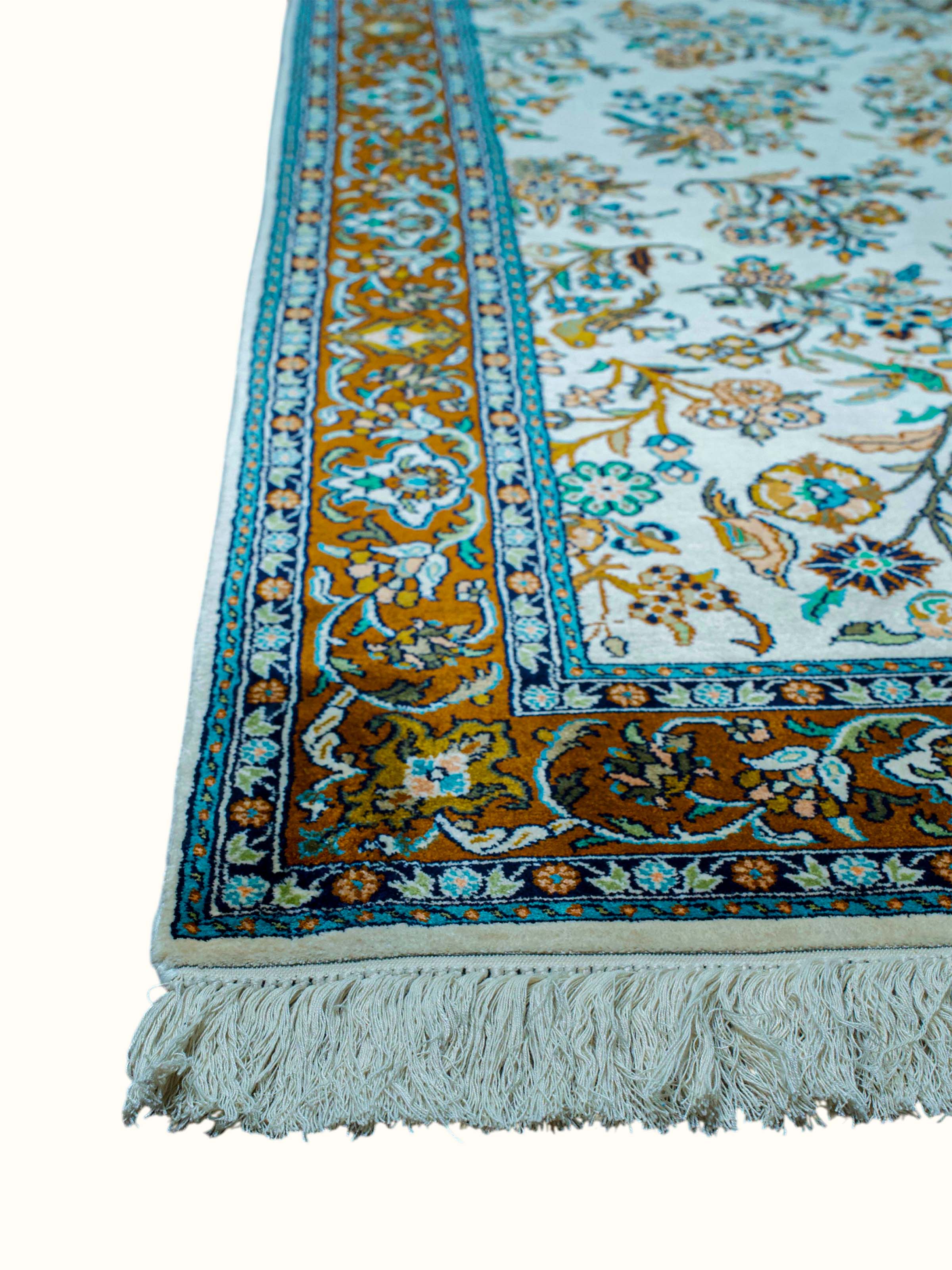 Traditional Persian Ivory Mahal Kashmir Silk Hand-Knotted Carpet