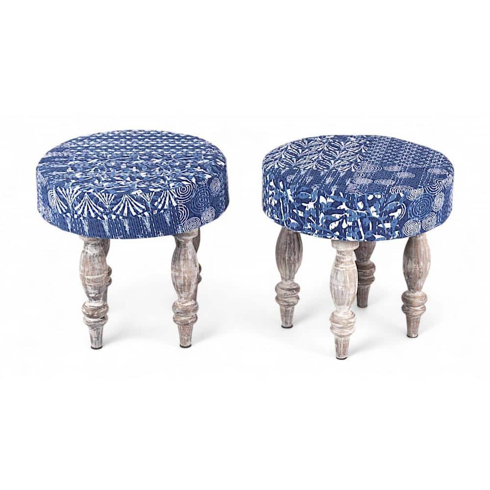 Bestone Sheesham Wood Mid Century Seater Bench Set  2 Stools In Indigo Patchwork Kantha
