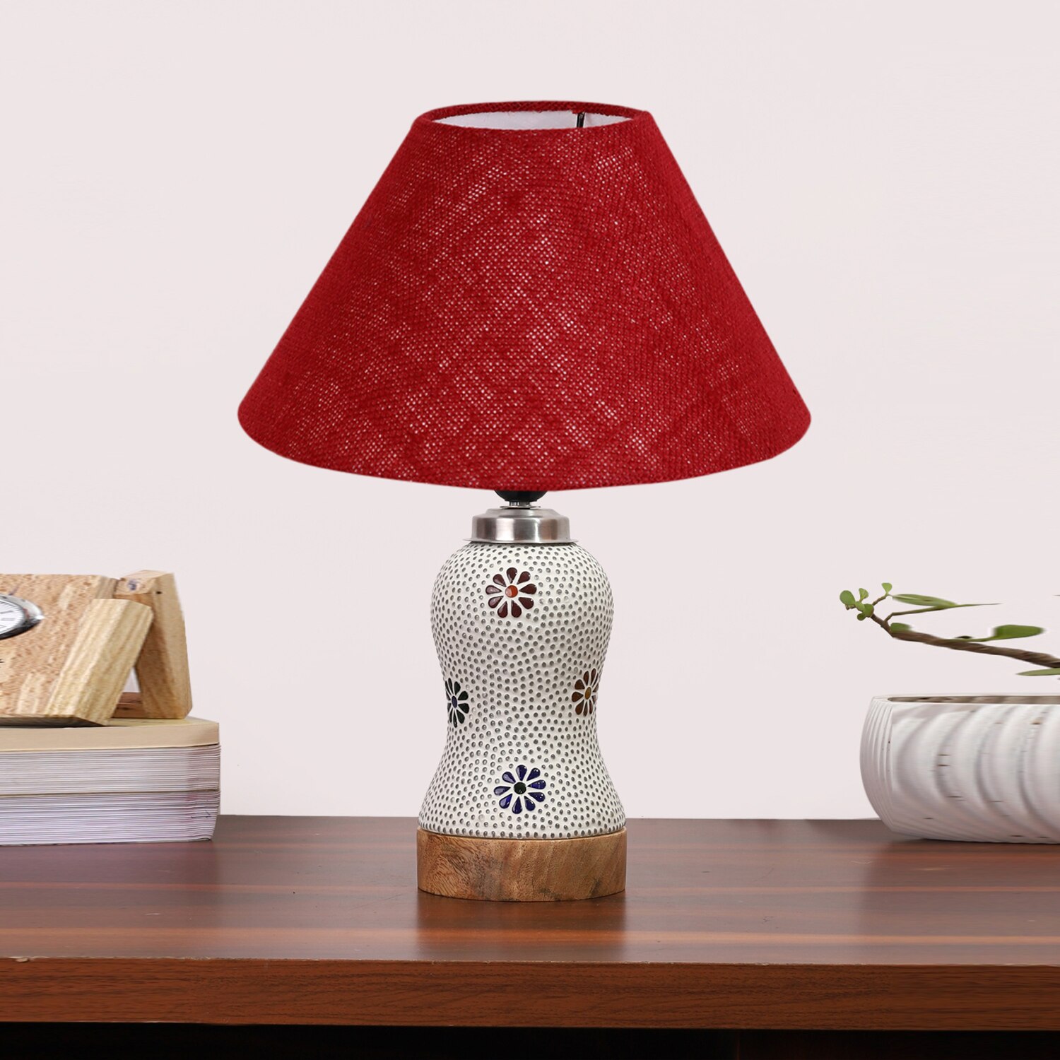 Devansh Conical Maroon Jute Shade Lamp With Wood & Mosaic Glass Base For Decoration/Office/Home/Gifting/Study For Decoration/Office/Home/Gifting/Study -(10X10X14.5) Inches -A