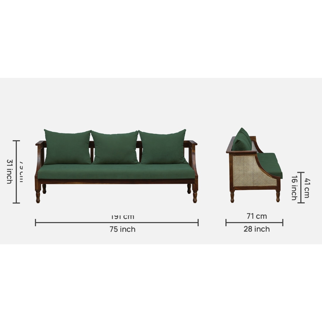 Linton 3+1+1 Seater Wooden Sofa in Green Fabric