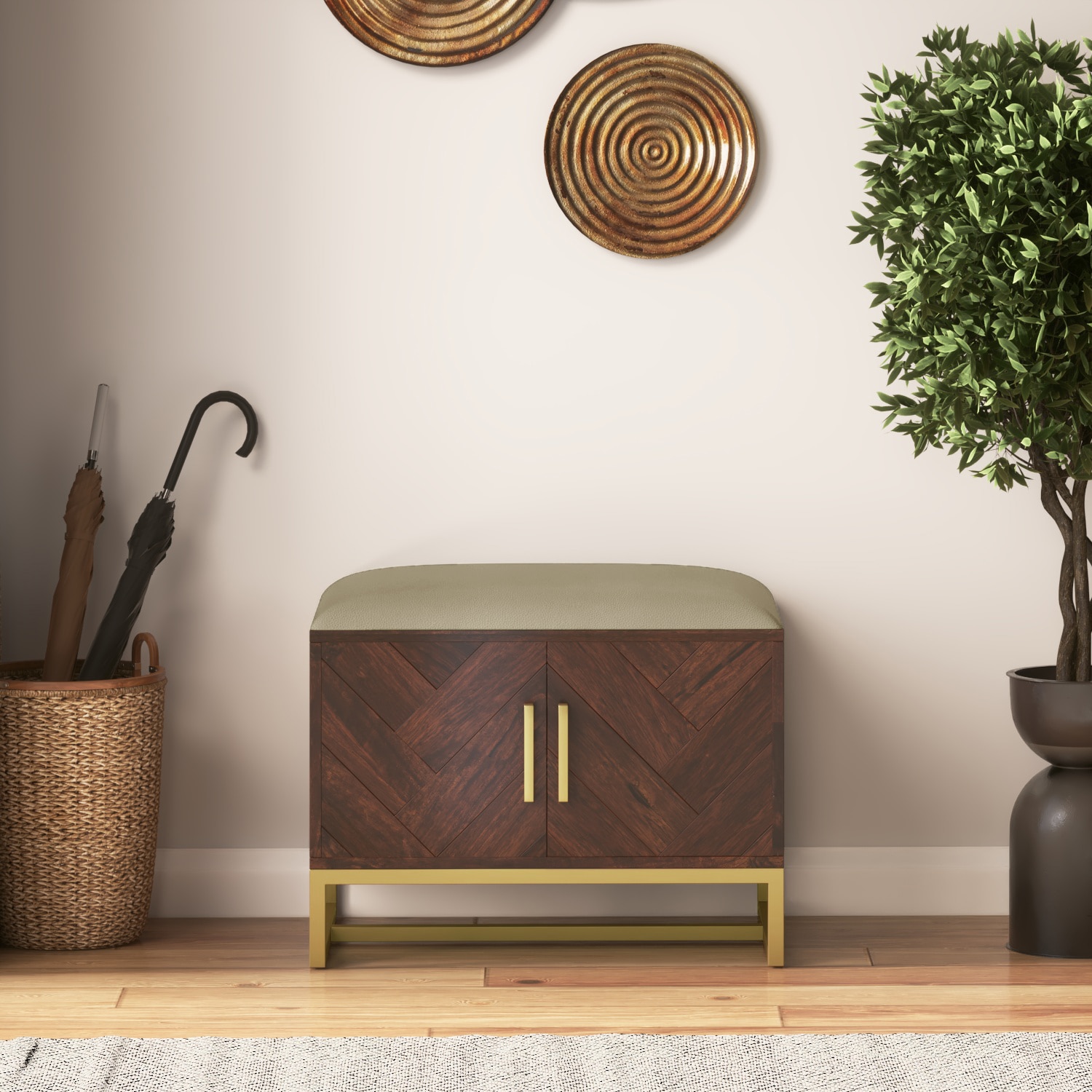 Nina 4 Pairs Solid Wood Shoe Cabinet With Seat In Mango Walnut Finish Taupe Leatherette