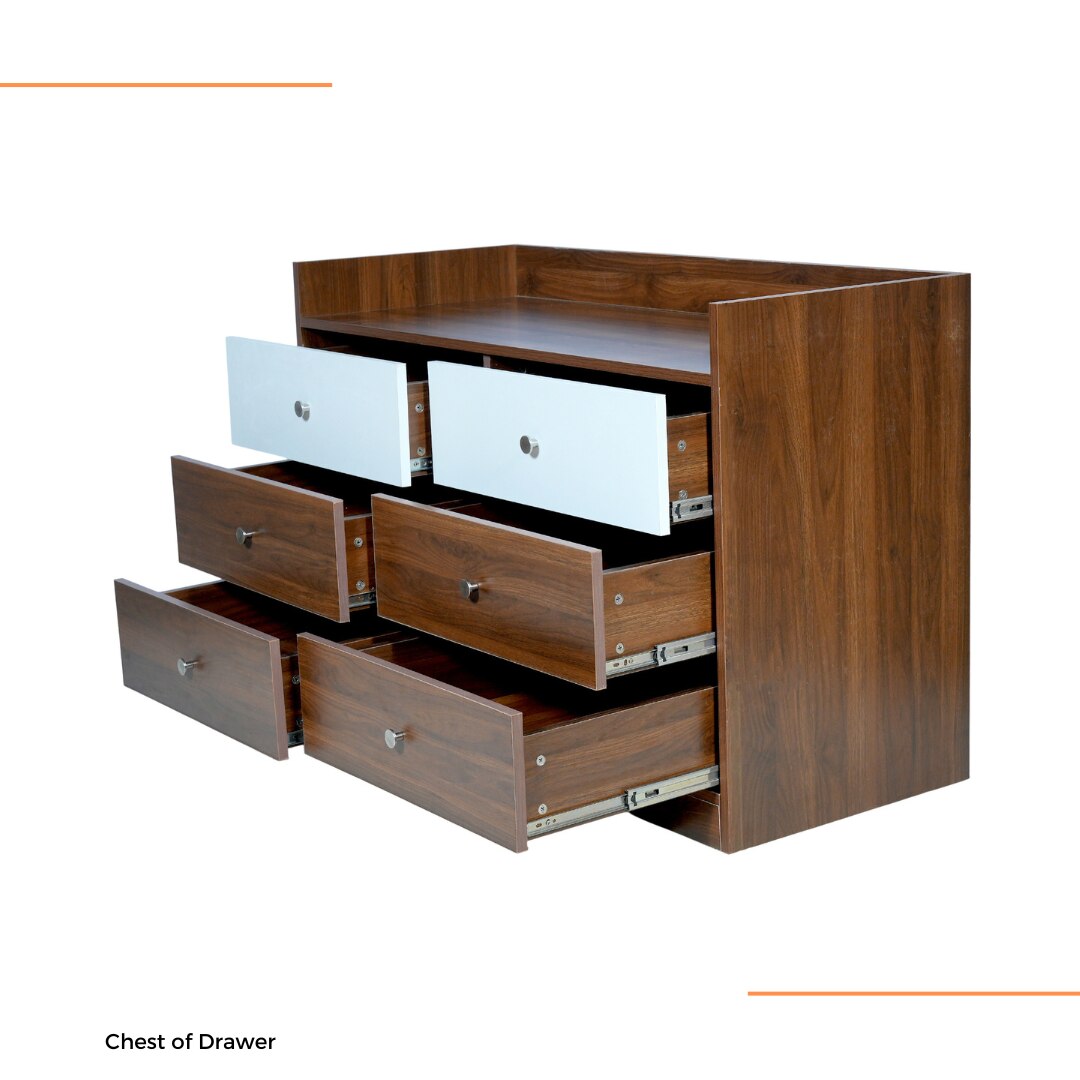 Crestwood 6 Chest of Drawers in Columbian Walnut and Frosty White Finish