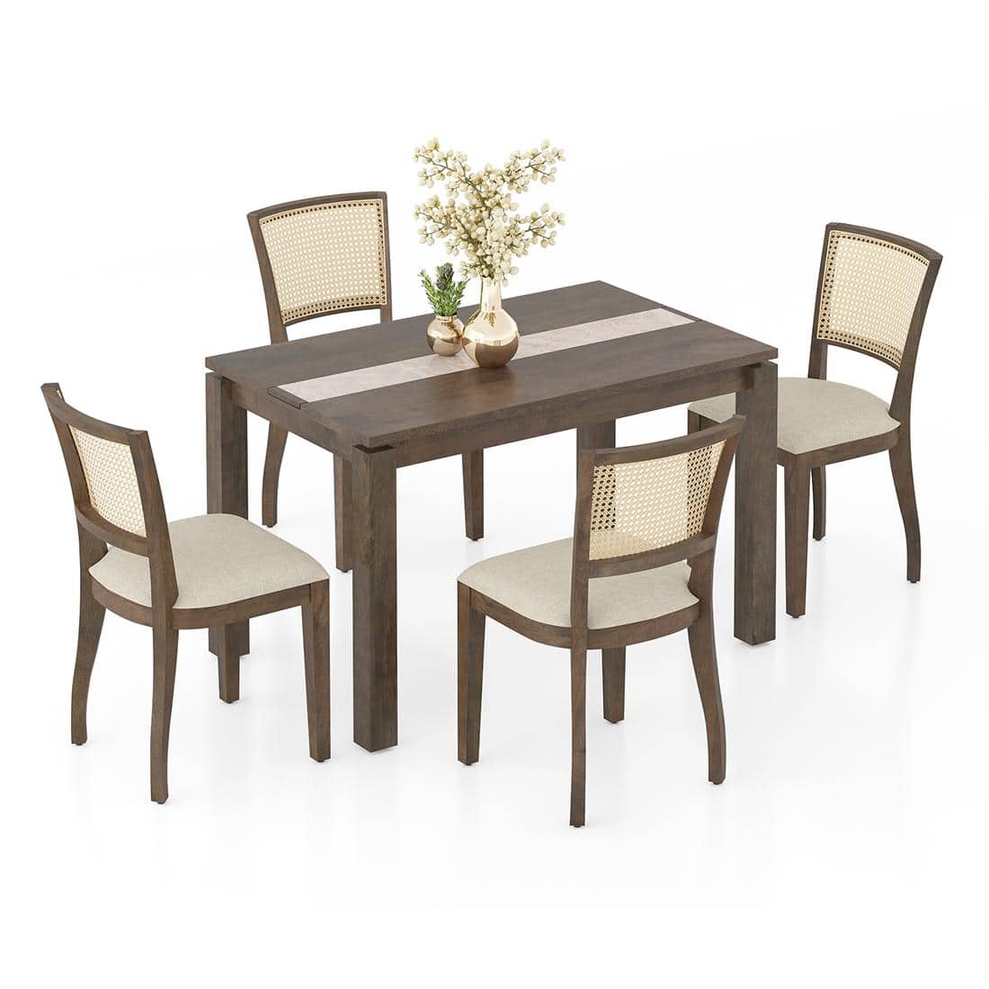 Atlas Crest Storage Solid Wood 4 Seater Dining Table With Reed Dining Chairs