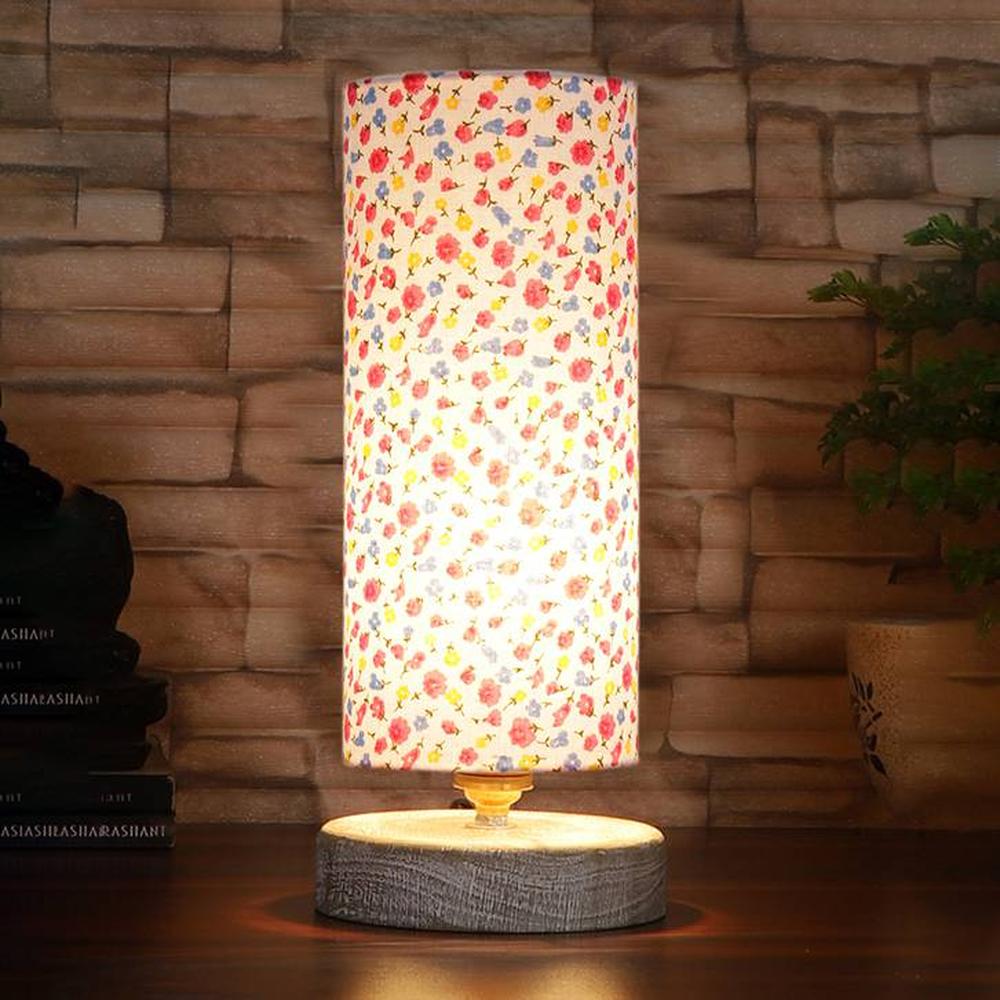 Remy Multicolor cotton table lamp with White Brushed wood base - Devansh
