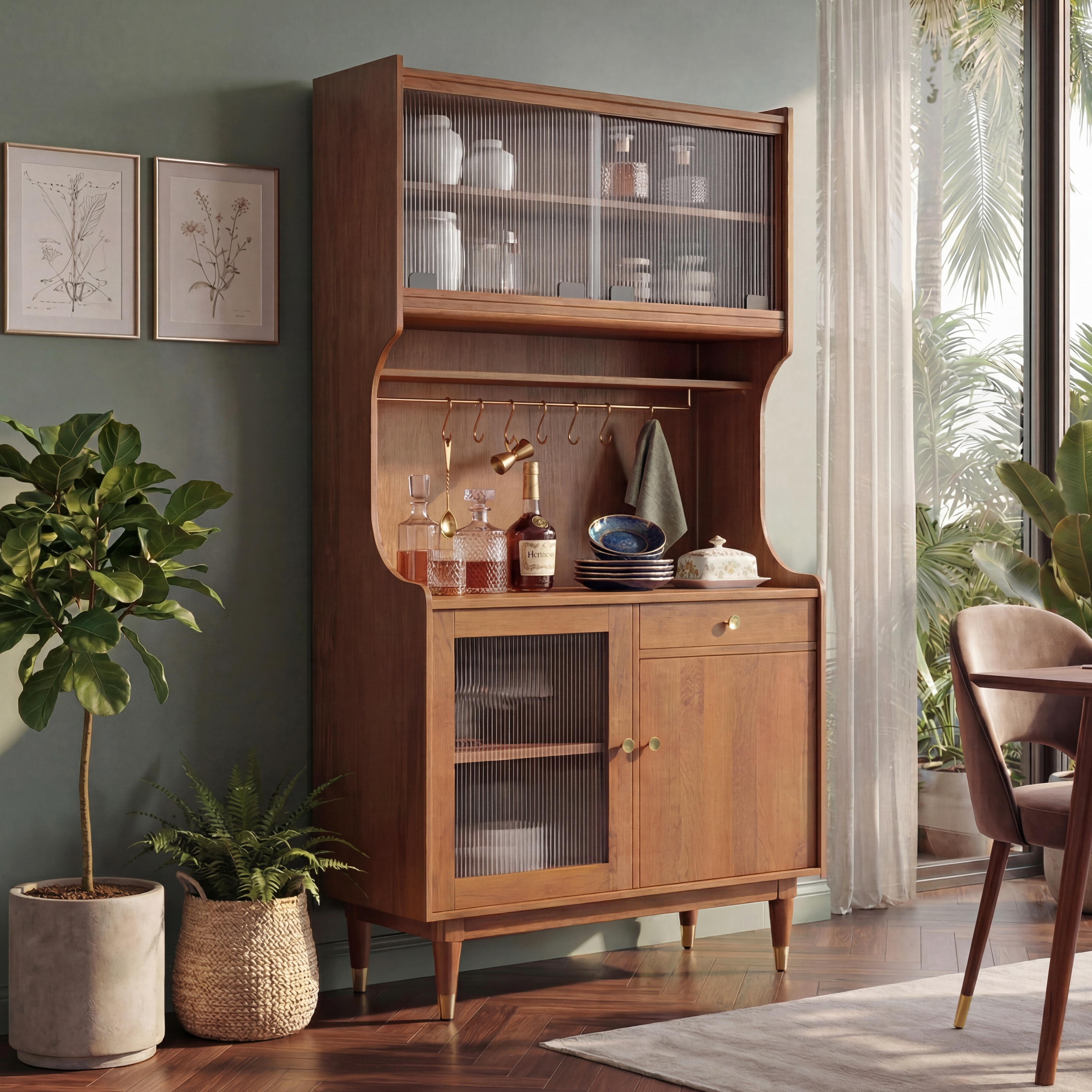Klint Solid Wood Crockery cum Bar Cabinet in Amber Walnut Finish