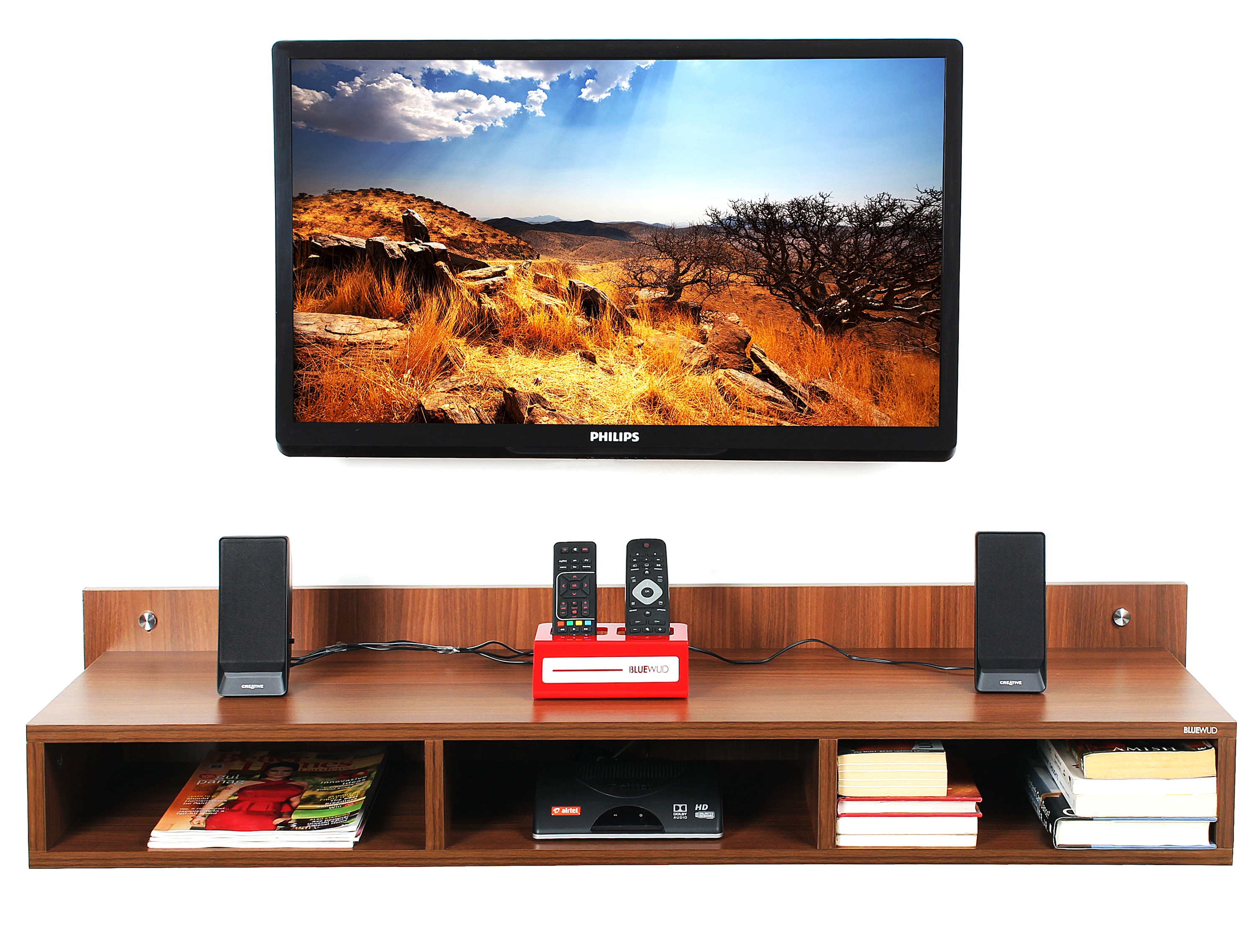 BLUEWUD Reynold Engineering Wood Wall Mount TV Entertainment Unit Set Top Box Stand/TV Cabinet Panel with Shelves for Books & D�cor Display Unit Bed Living Room Upto 55 Inches (Walnut)