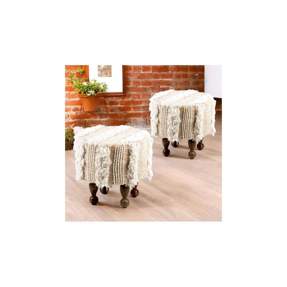 Louisville Acacia Wood Mid Century Round Set of 2 Pouf Stools in Beige Fabric