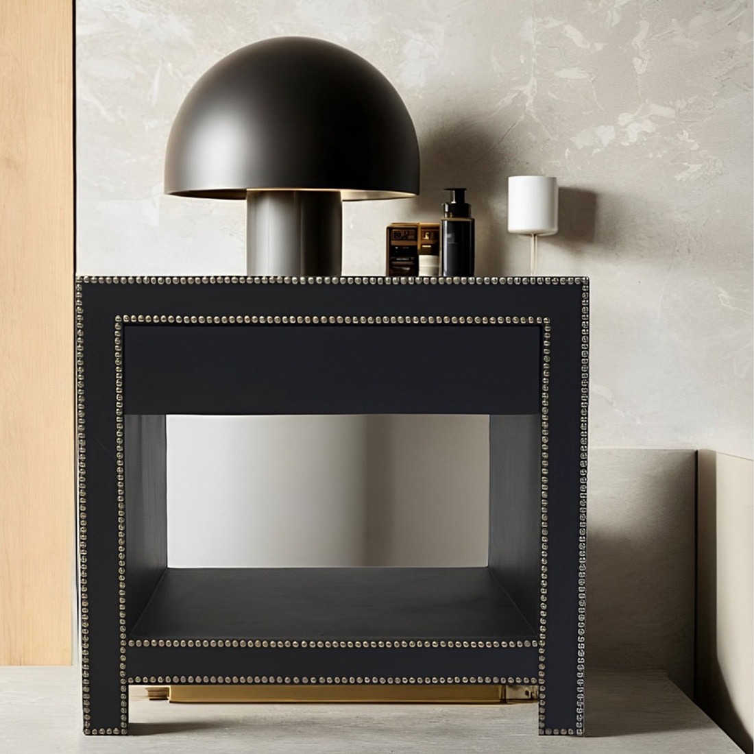 Ler Series Bedside Table in Black Leatherette and Pewter Nailhead Trims