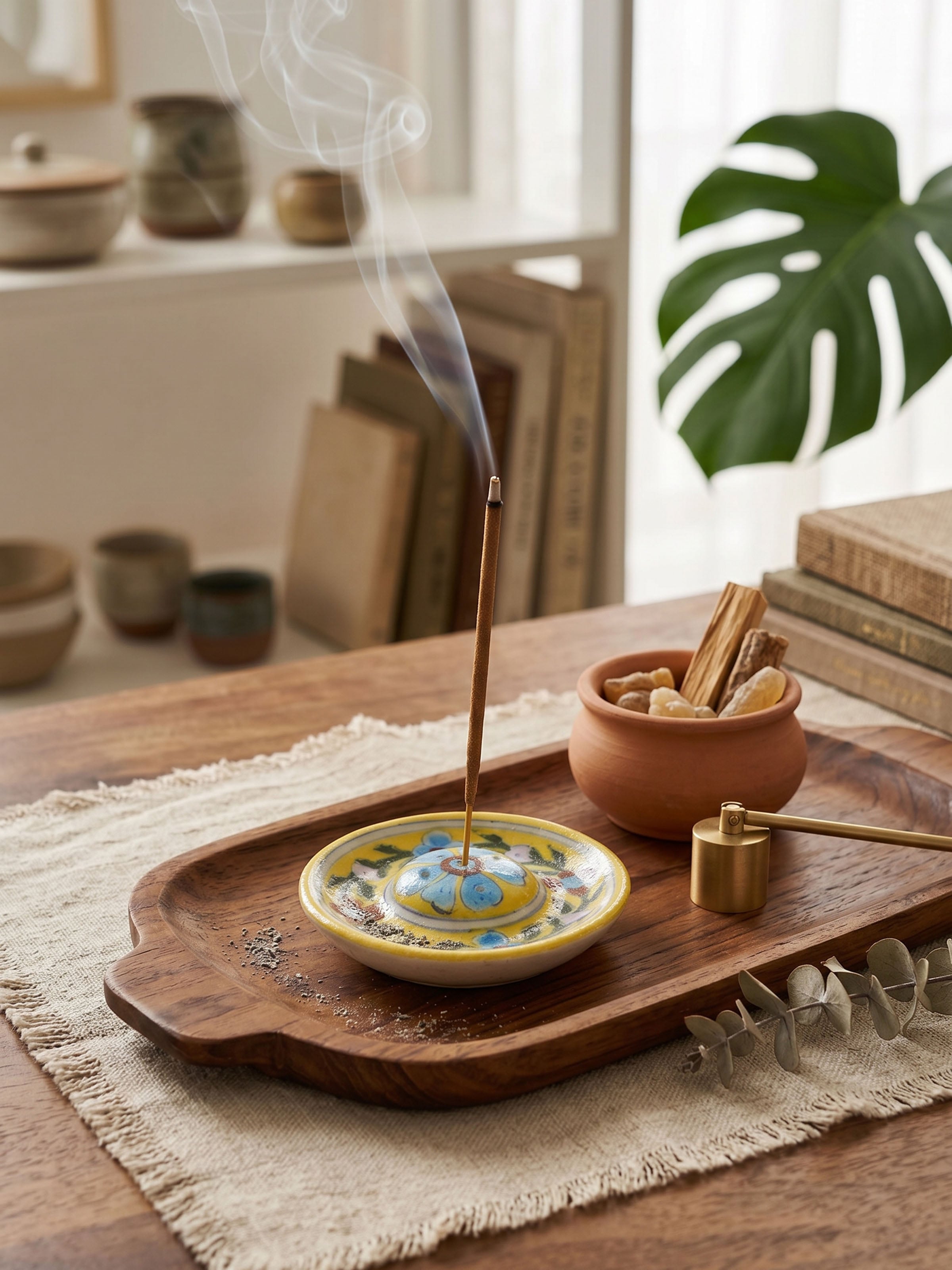 Yellow Blue Pottery Ceramic Floral Incense Stick Holder