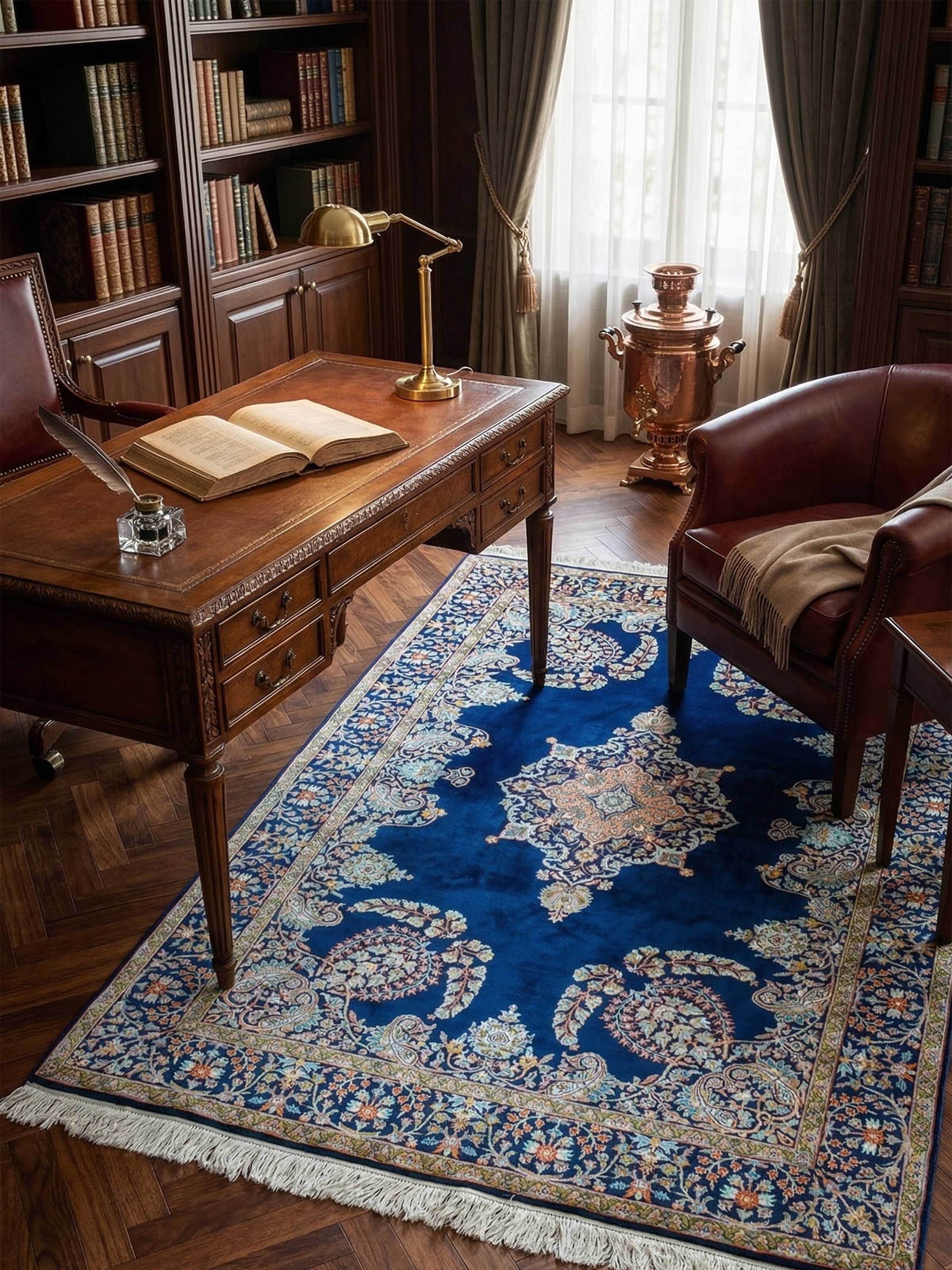 Traditional Persian Navy Mahal Kashmir Silk Hand-Knotted Carpet