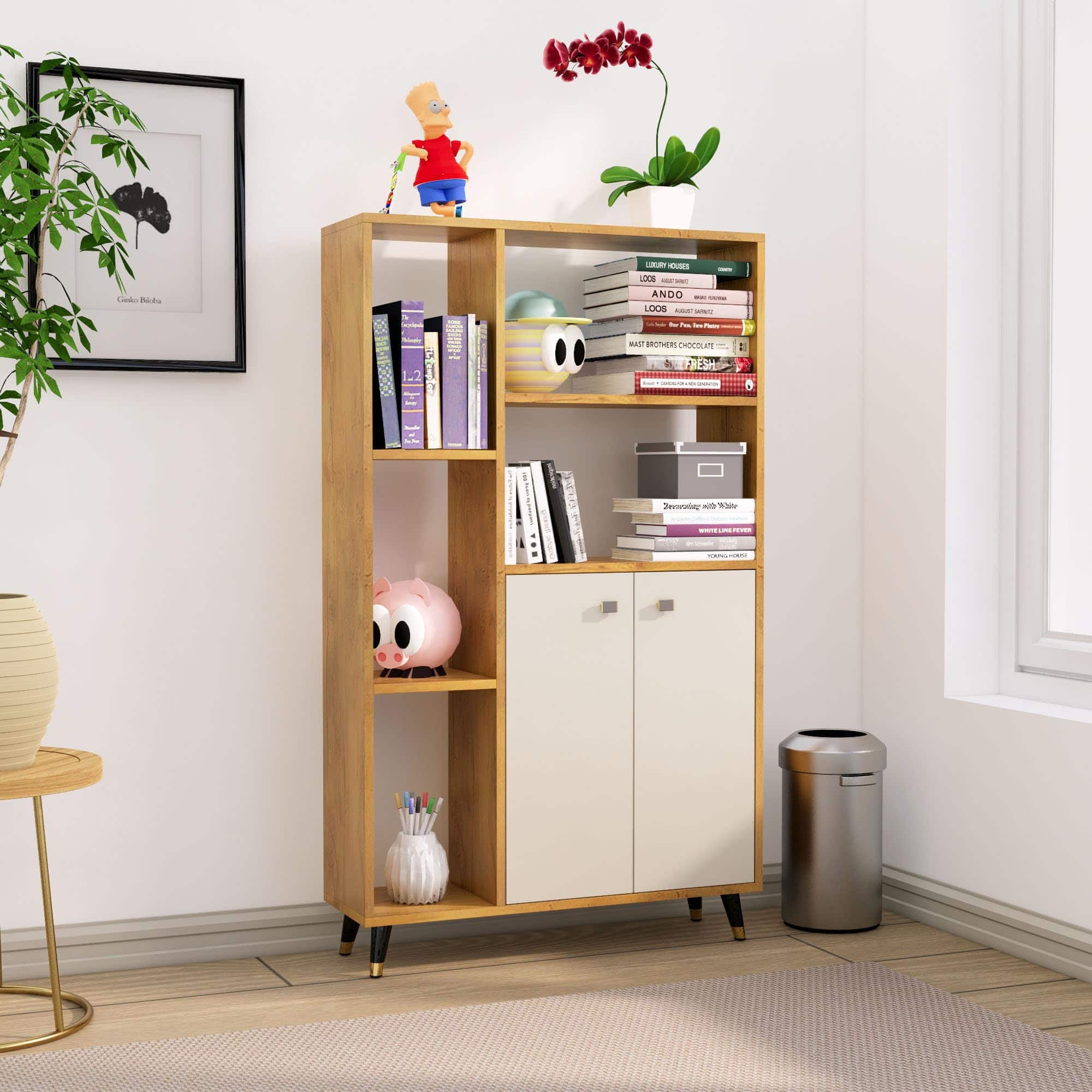 Hexa Engineered Wood Bookshelf Multipurpose Storage Rack in Giant Wood and Frosty White Colour - HexaRed