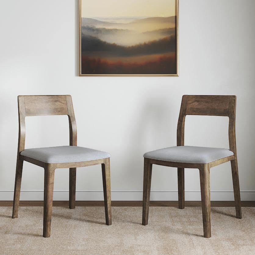 Clarke Solid Wood Dining Chair Set of 2 in Danish Walnut Finish with Vapour Grey Fabric