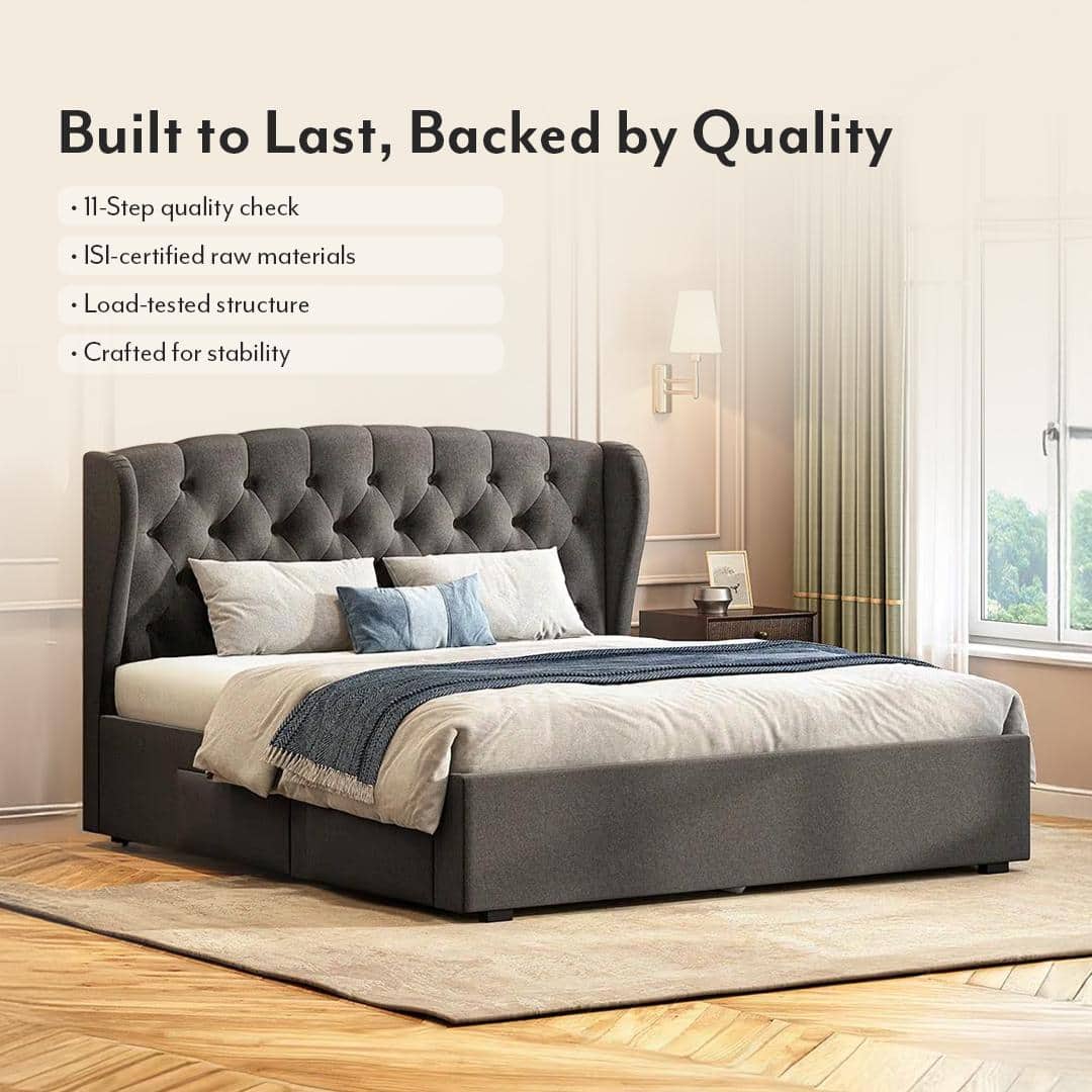 Holmebrook Engineered Wood Queen Size Drawer Storage Upholstered Bed In Urban Grey Colour