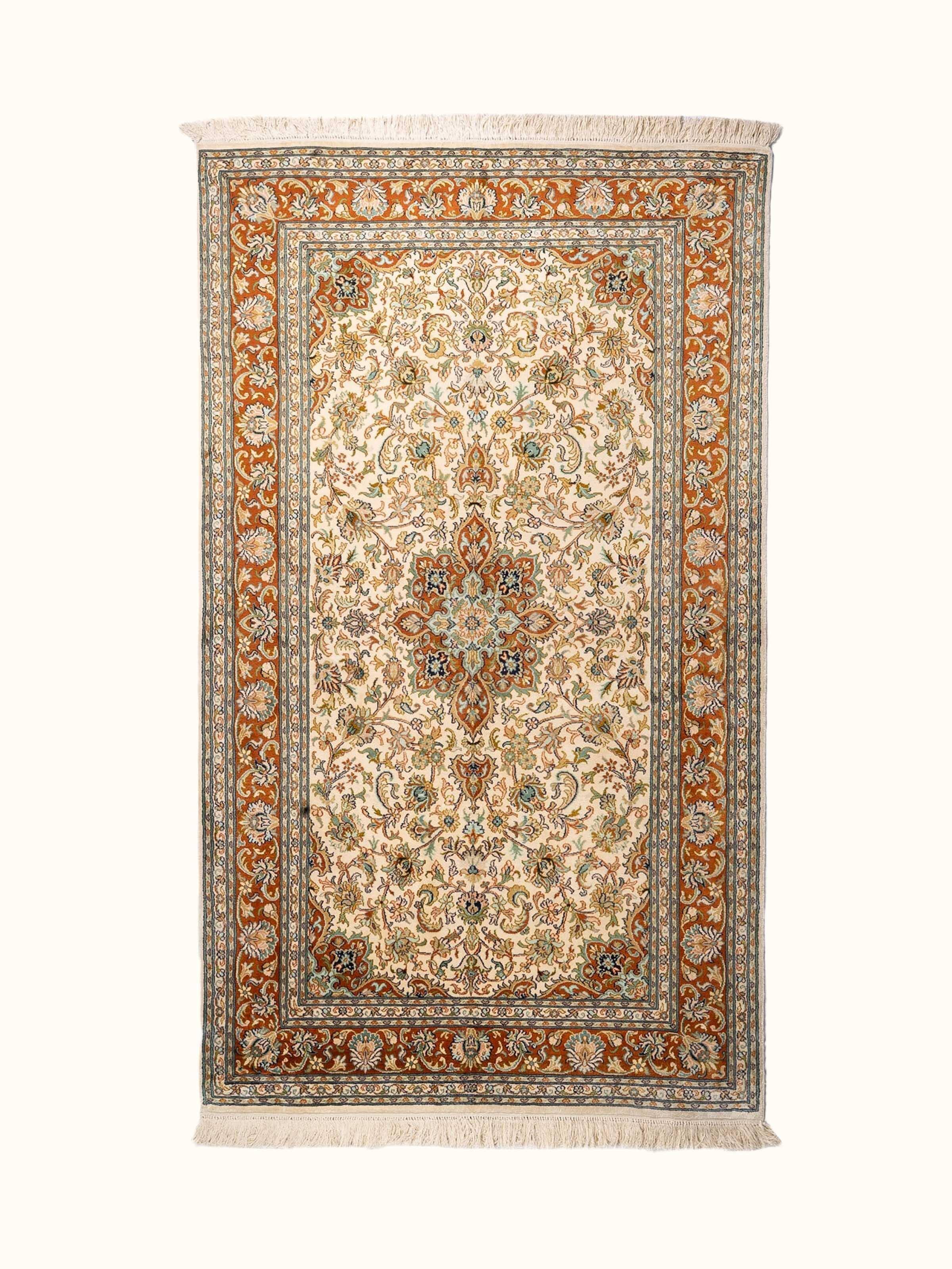 Traditional Persian Ivory Kashan Kashmir Silk Hand-Knotted Carpet