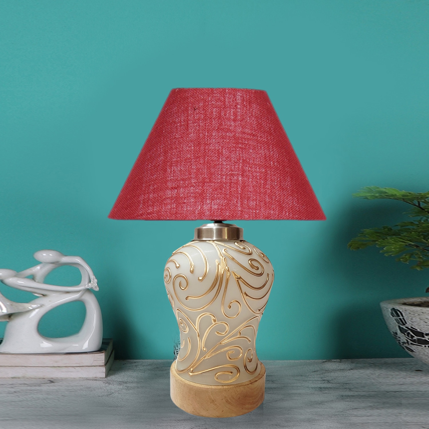 Devansh Conical  Maroon Jute Shade  Lamp With  Wood & Mosaic Glass Base For Decoration /Office/Home/Gifting/Study For Decoration /Office/Home/Gifting/Study -(10X10X14.5) Inches -