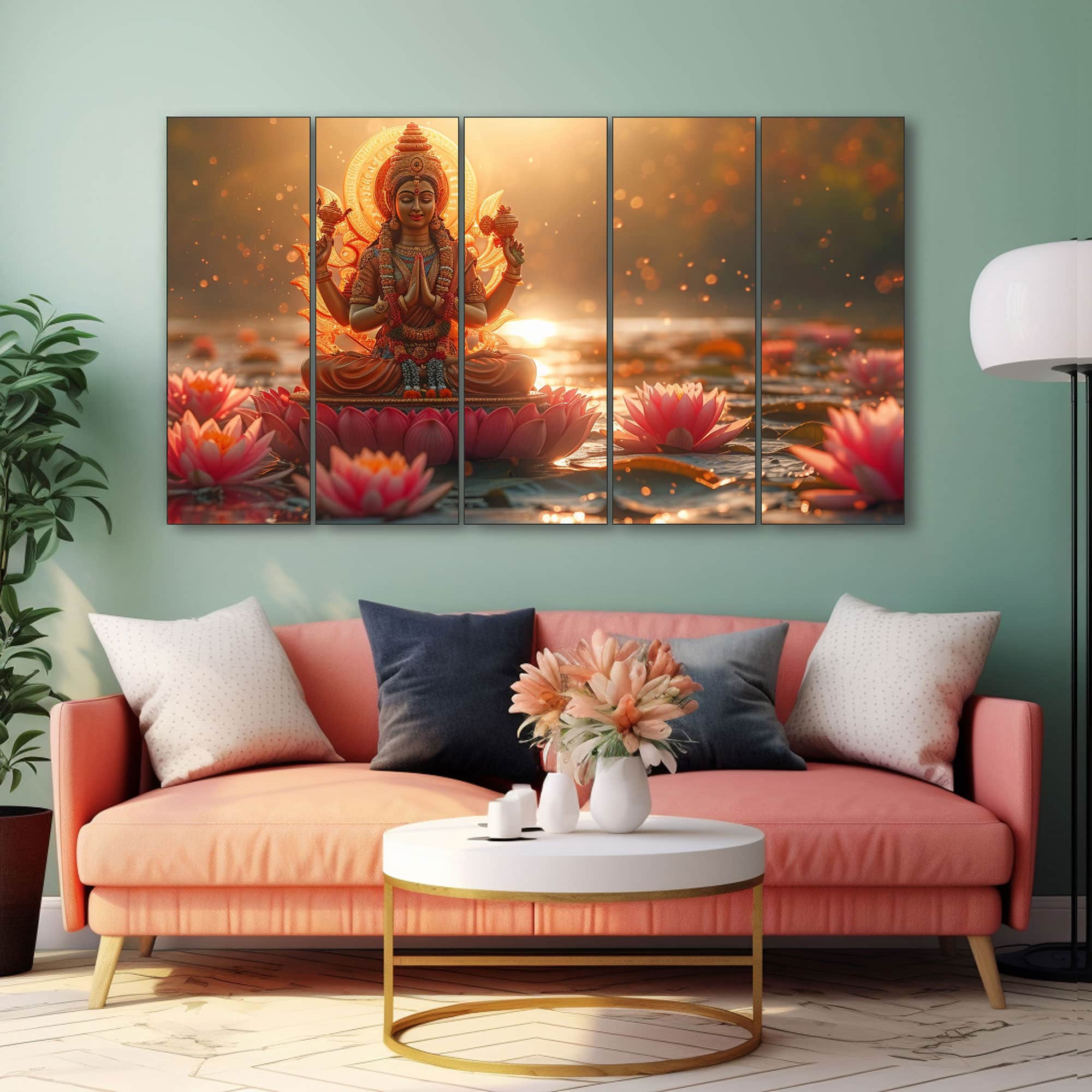 The Castle Decor Goddess Laxmi Wall Painting Wooden Framed 27x48 Inch (Style 11) - The Castle Decor