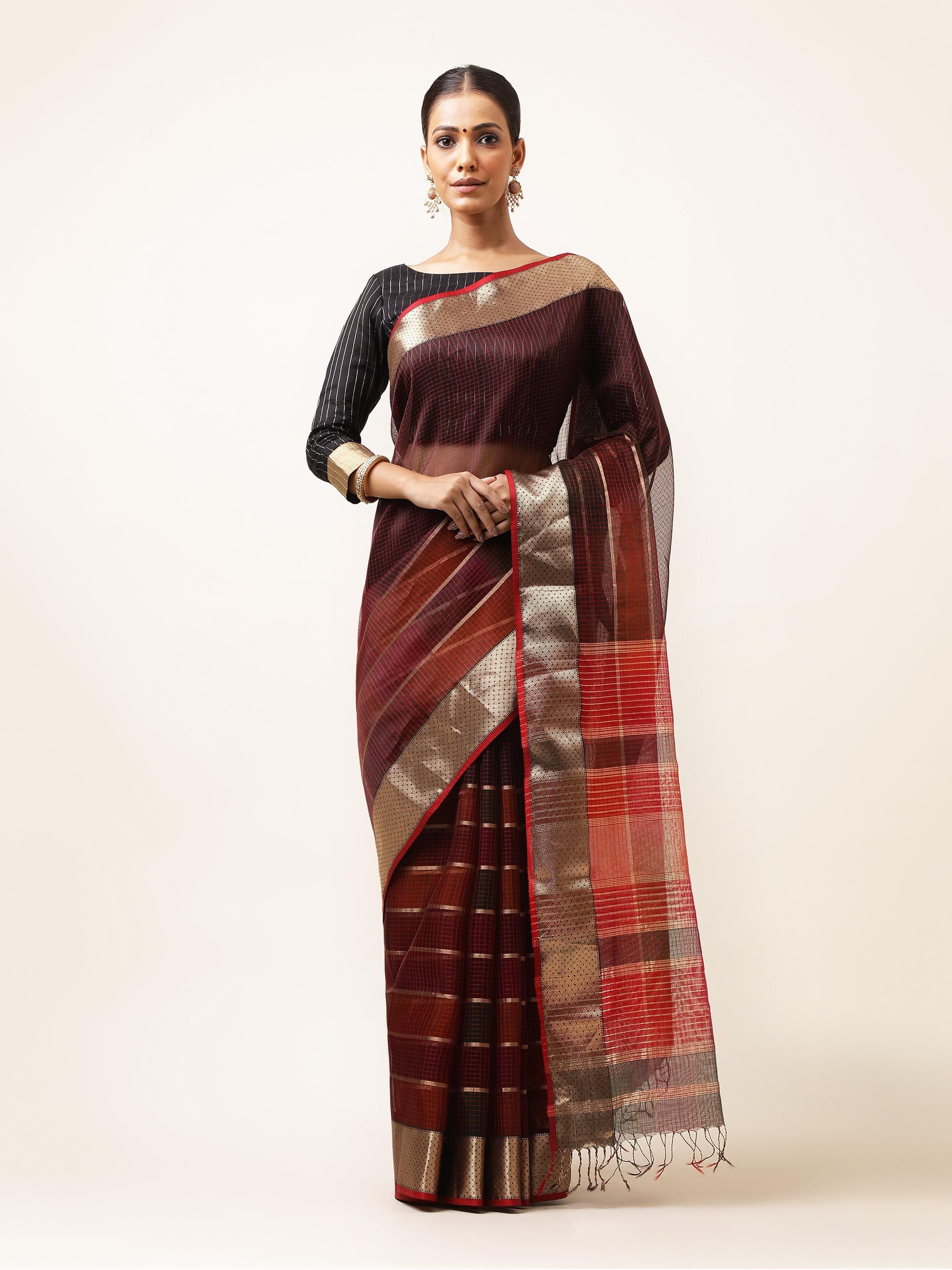 Maroon Cotton Silk Maheshwari Saree