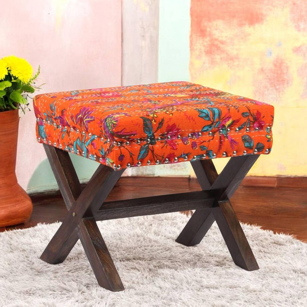 Rosslyn Solid Wood Pouf Stool in Bird Print Orange Ethnic Kantha fabric