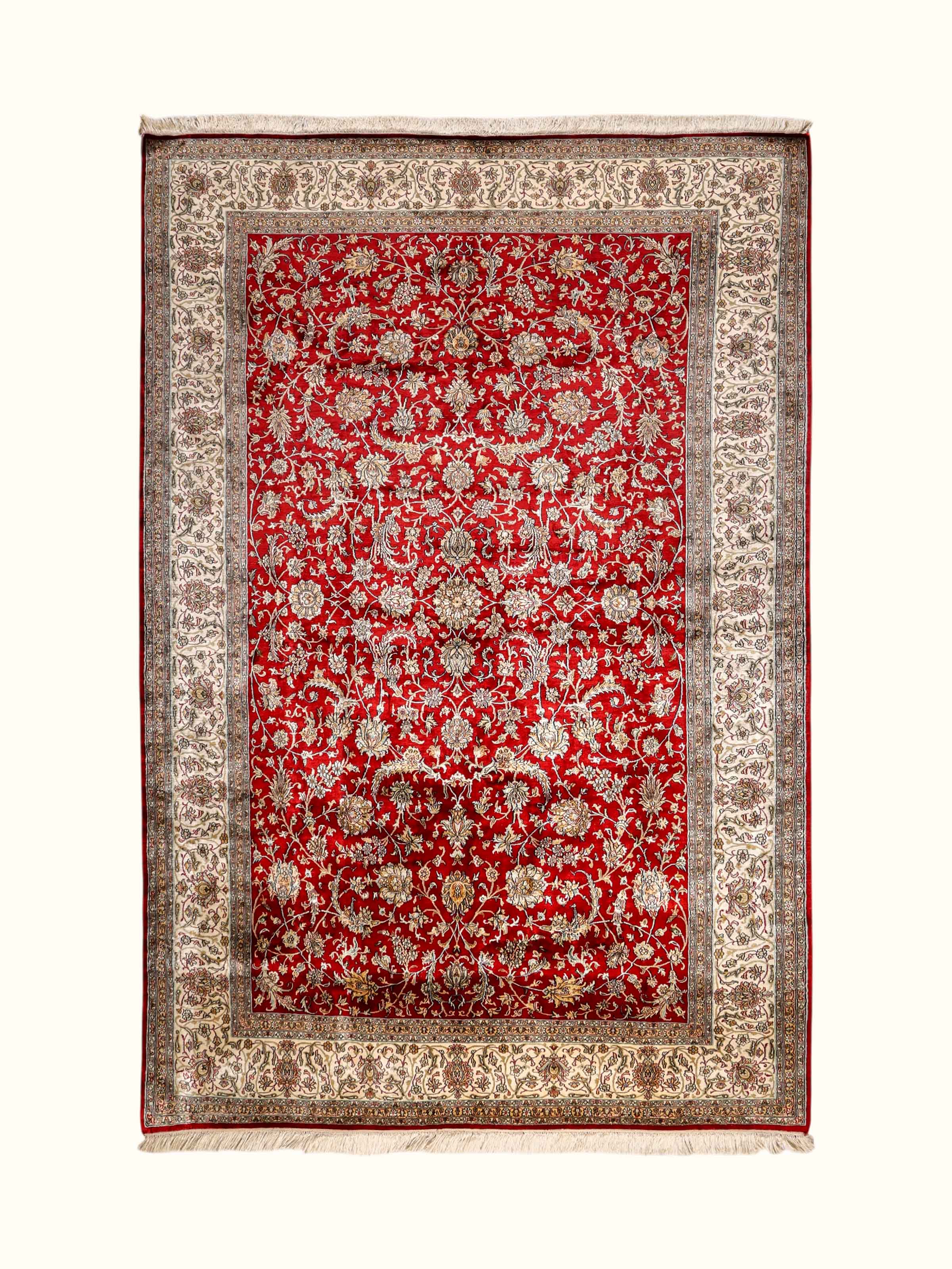 Traditional Persian Red Ivory All over Kashmir Silk Hand-Knotted Carpet