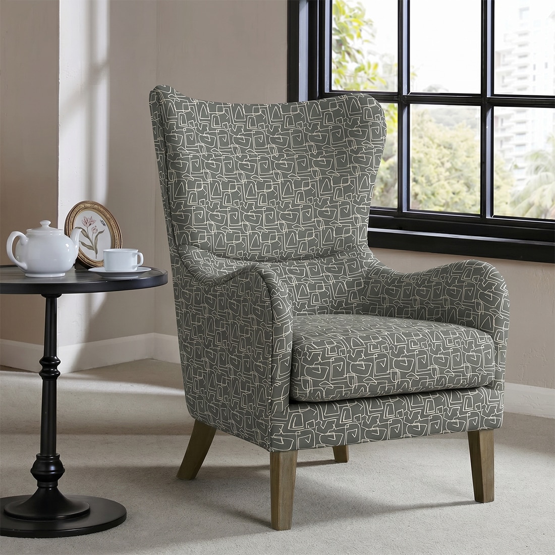 Carolina Printed Canvas Geometry Fabric Wing Chair in Green Colour - KURSIWALLAH