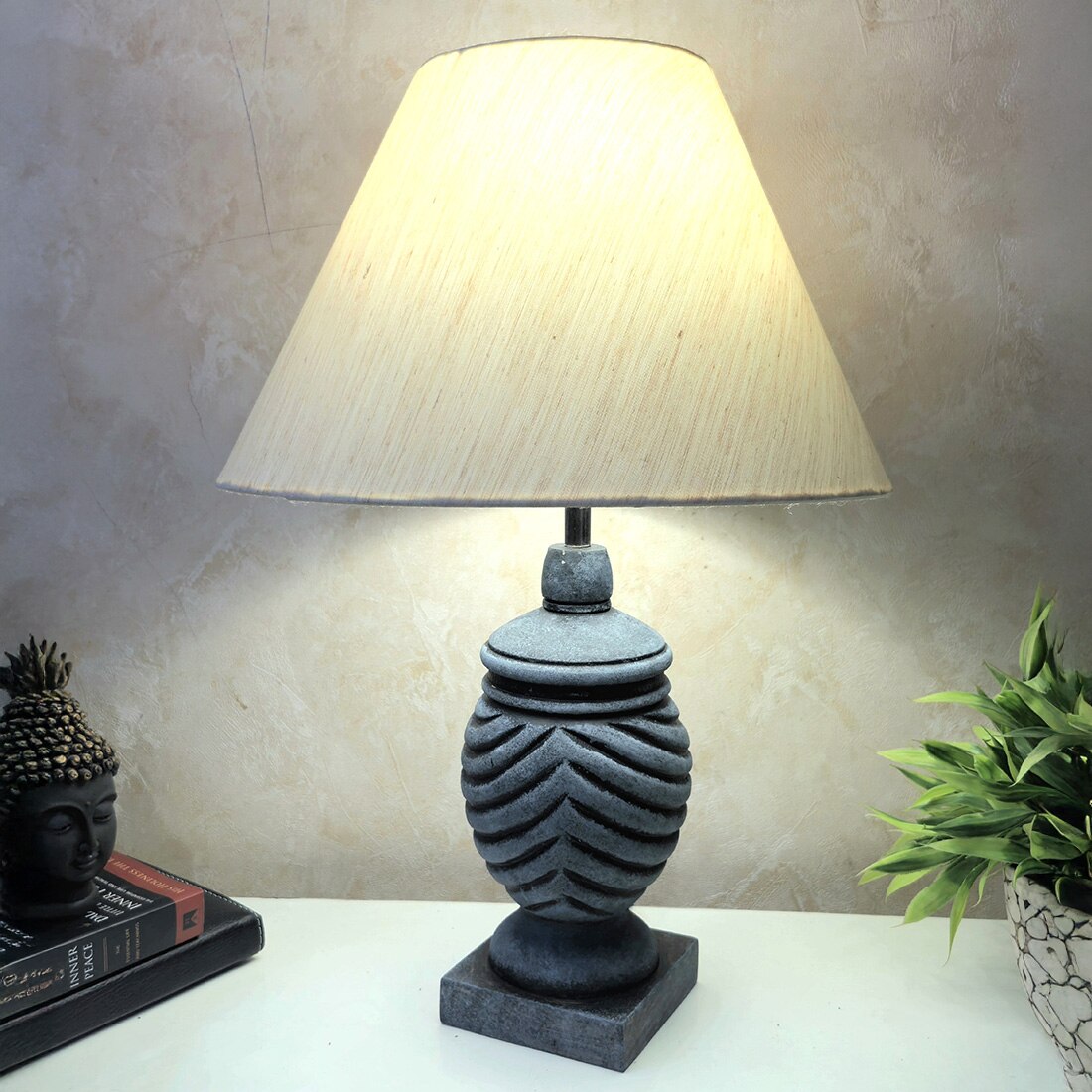 Grey Color Handpainted And Hancarved Distress Wooden Table Lamp