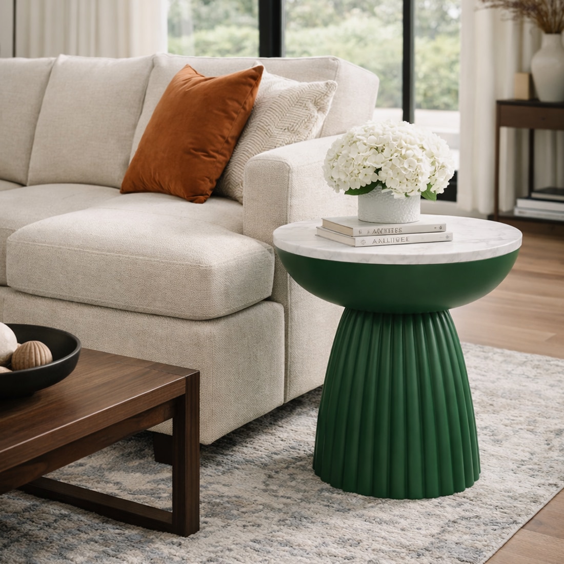 Muse Side Table In Marble Top In Bottle Green Colour - HomeDfy